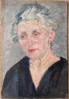 Mid Century French Painting of a Elder Lady Grey Haired Lady In a Blue V Neck