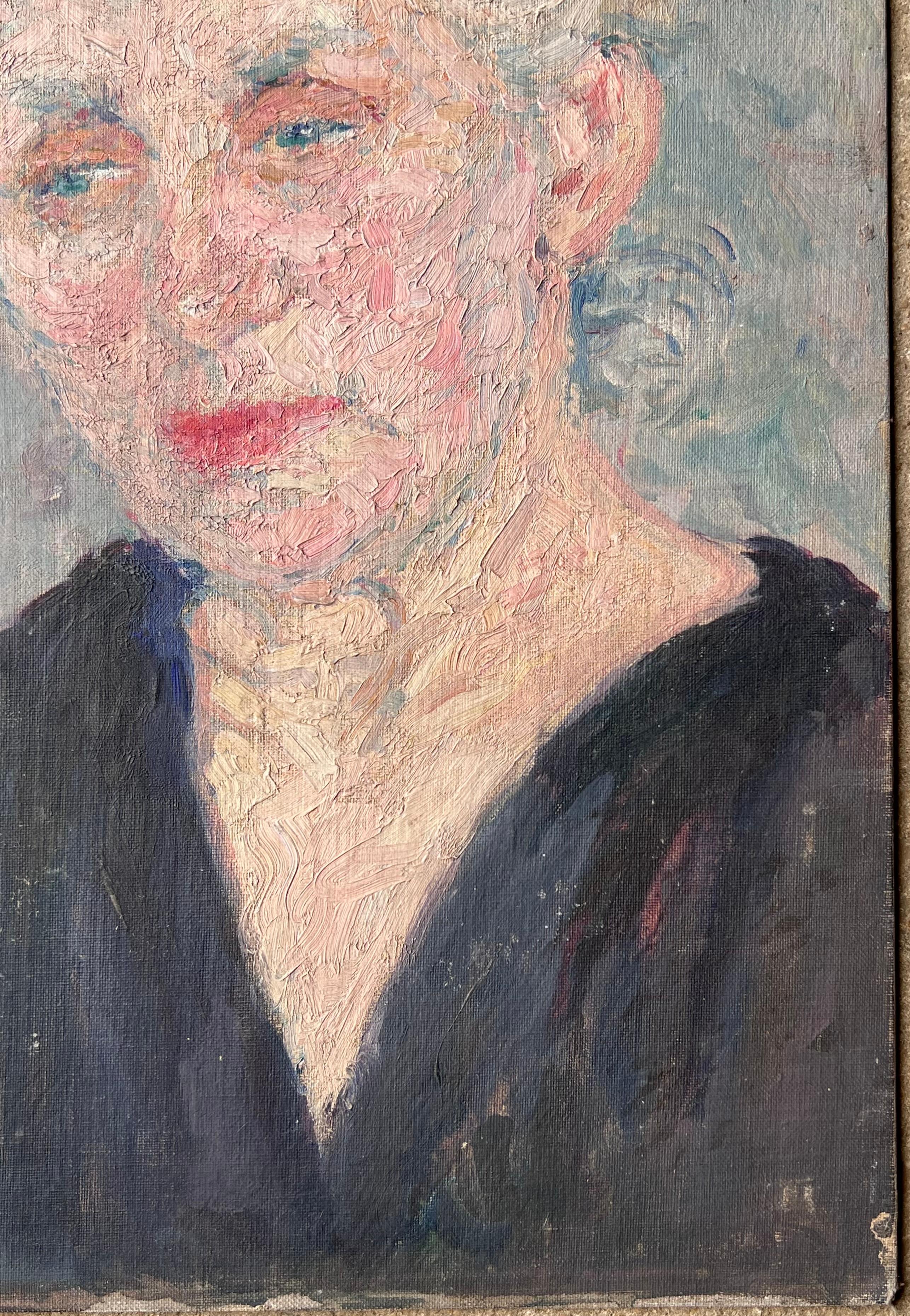Peinture française du milieu du siècle représentant une dame âgée aux cheveux gris dans un col en V bleu en vente 1