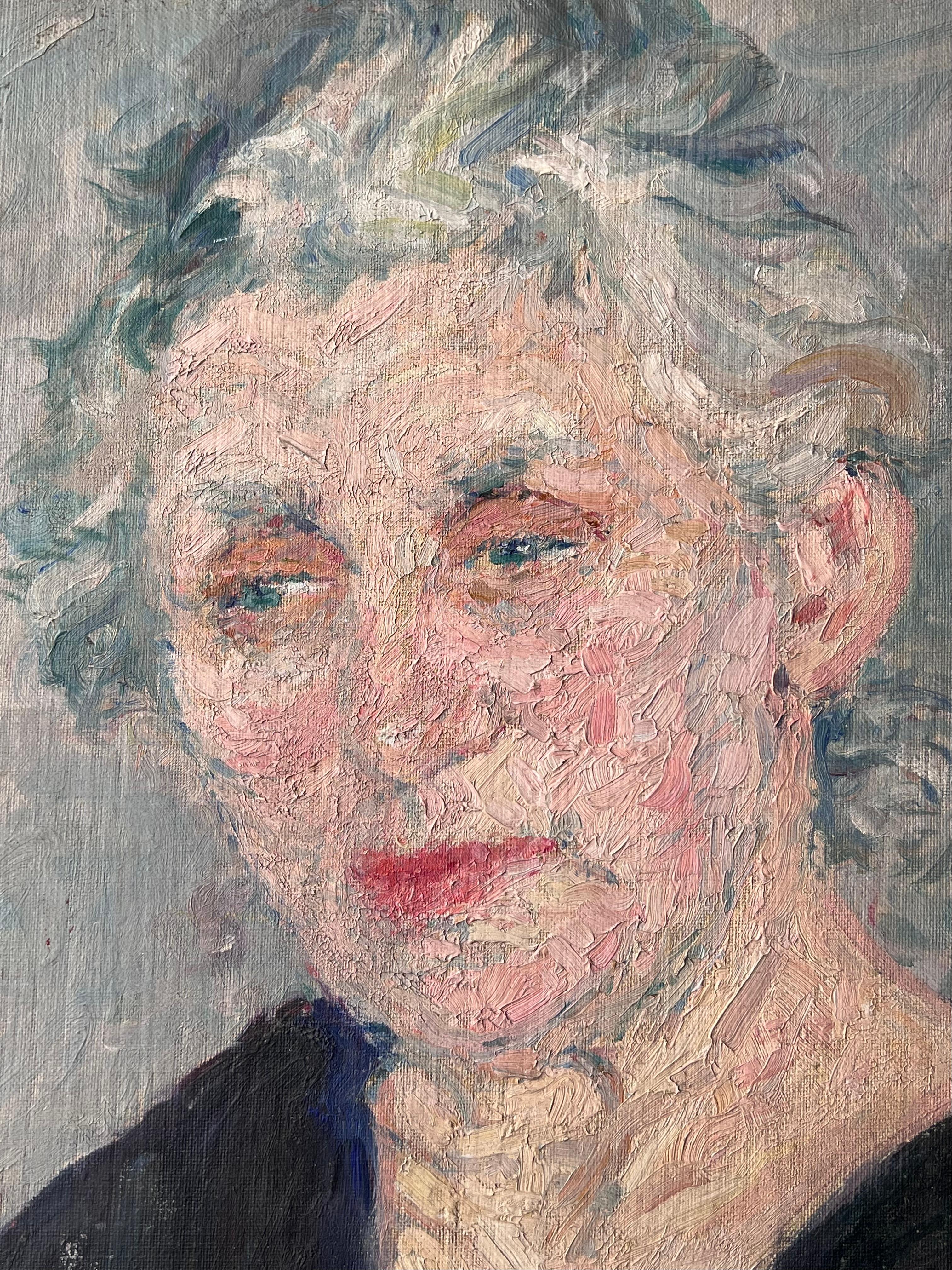 Peinture française du milieu du siècle représentant une dame âgée aux cheveux gris dans un col en V bleu en vente 2
