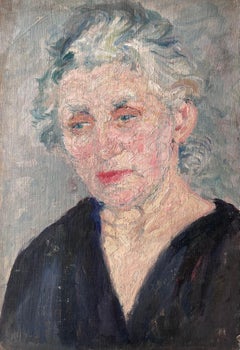 Mid Century French Painting of a Elder Lady Grey Haired Lady In a Blue V Neck