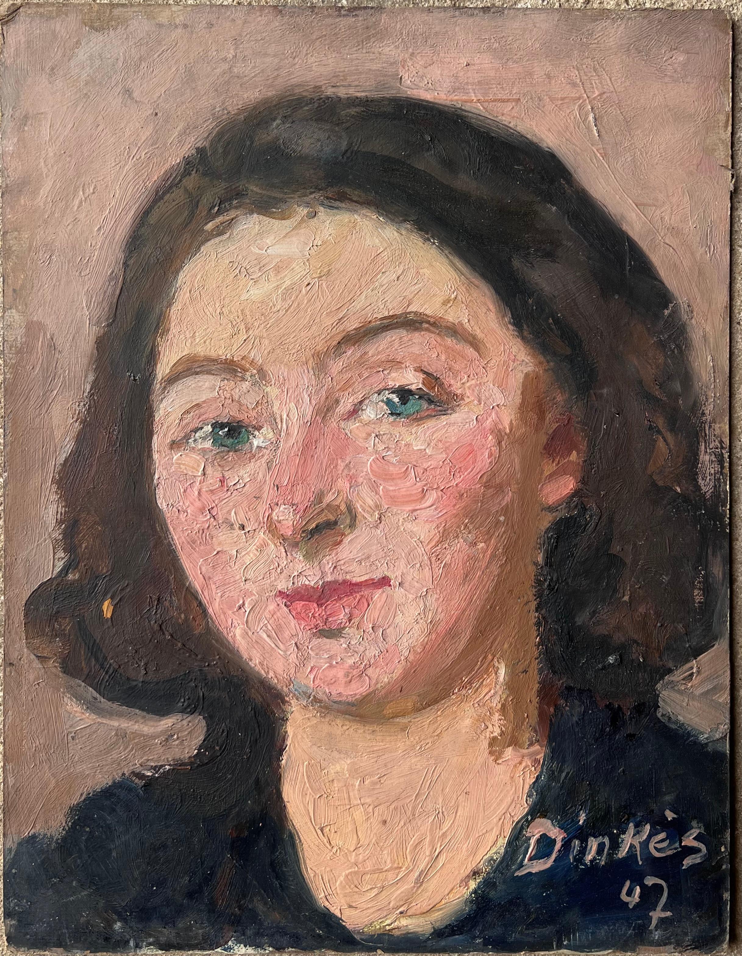 Mitte des Jahrhunderts Impressionist Gemälde Porträt einer grünäugigen brünetten Dame – Painting von Suzanne Dinkes
