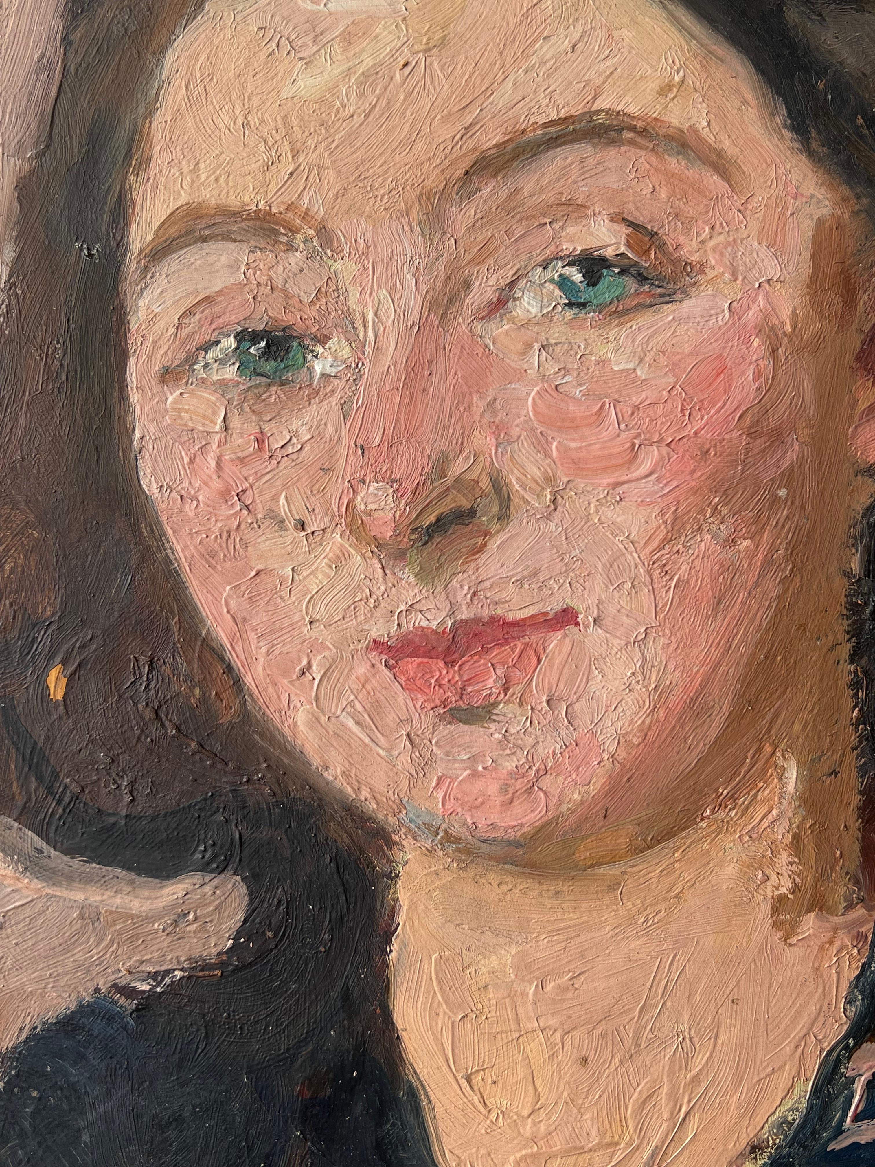 Mitte des Jahrhunderts Impressionist Gemälde Porträt einer grünäugigen brünetten Dame (Post-Impressionismus), Painting, von Suzanne Dinkes