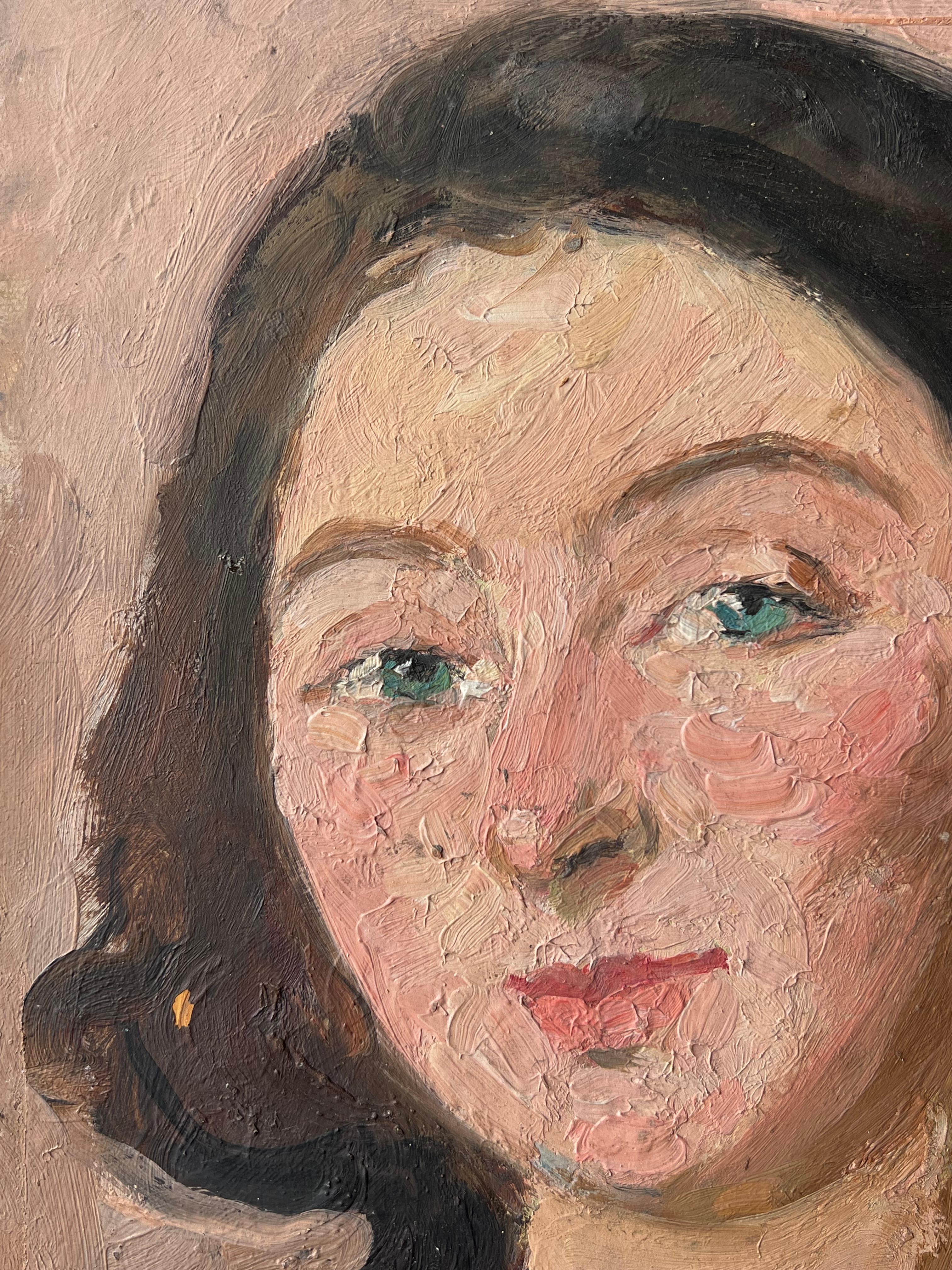 Mitte des Jahrhunderts Impressionist Gemälde Porträt einer grünäugigen brünetten Dame (Braun), Portrait Painting, von Suzanne Dinkes
