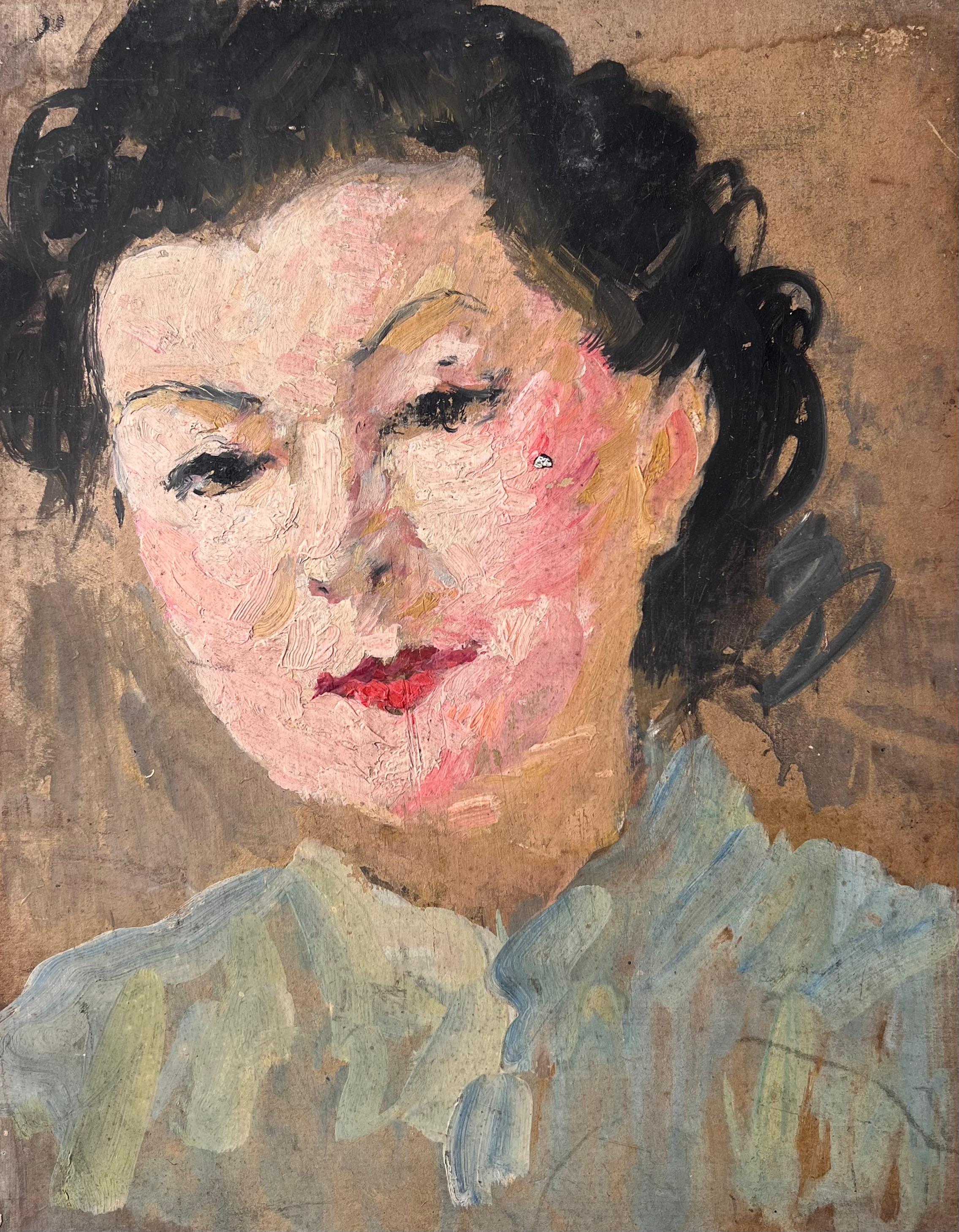 Mitte des Jahrhunderts Impressionist Gemälde Porträt einer grünäugigen brünetten Dame im Angebot 2