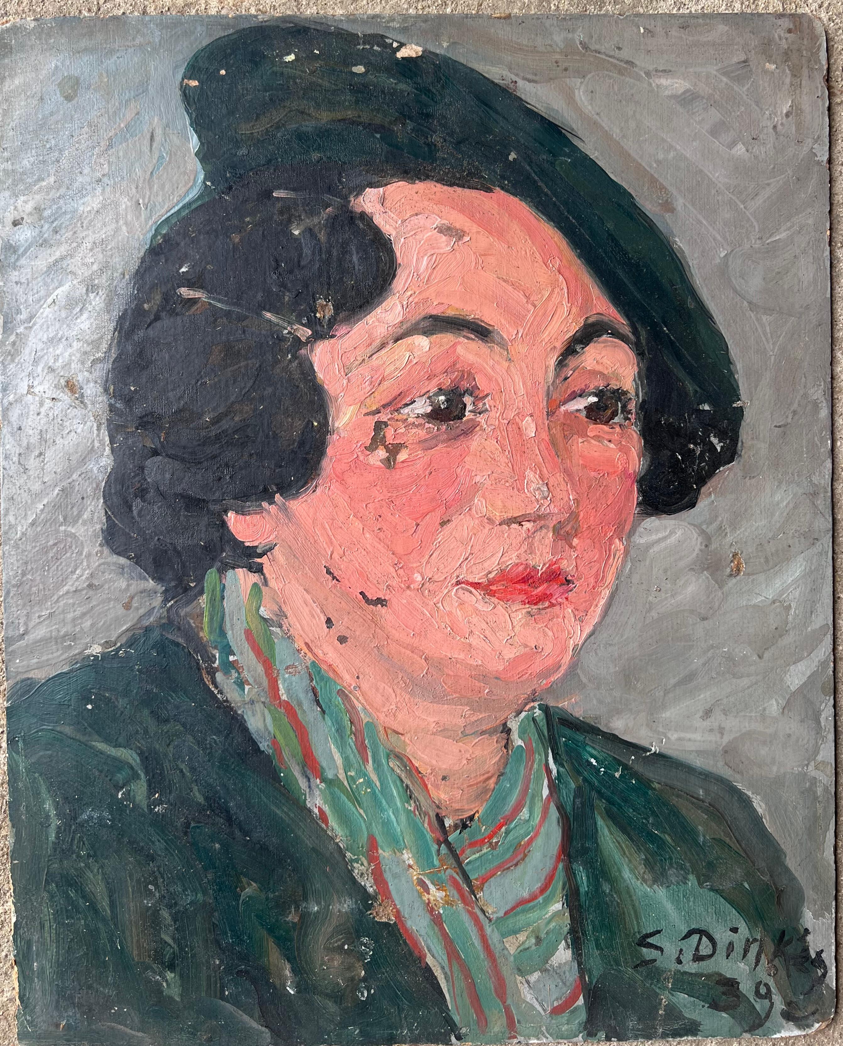 Impressionistisches Gemälde aus der Mitte des Jahrhunderts Stylish Lady in Green Wearing a Green Beret – Painting von Suzanne Dinkes