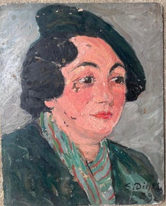 Mid Century Impressionist Painting Stylish Lady in Green Wearing a Green Beret