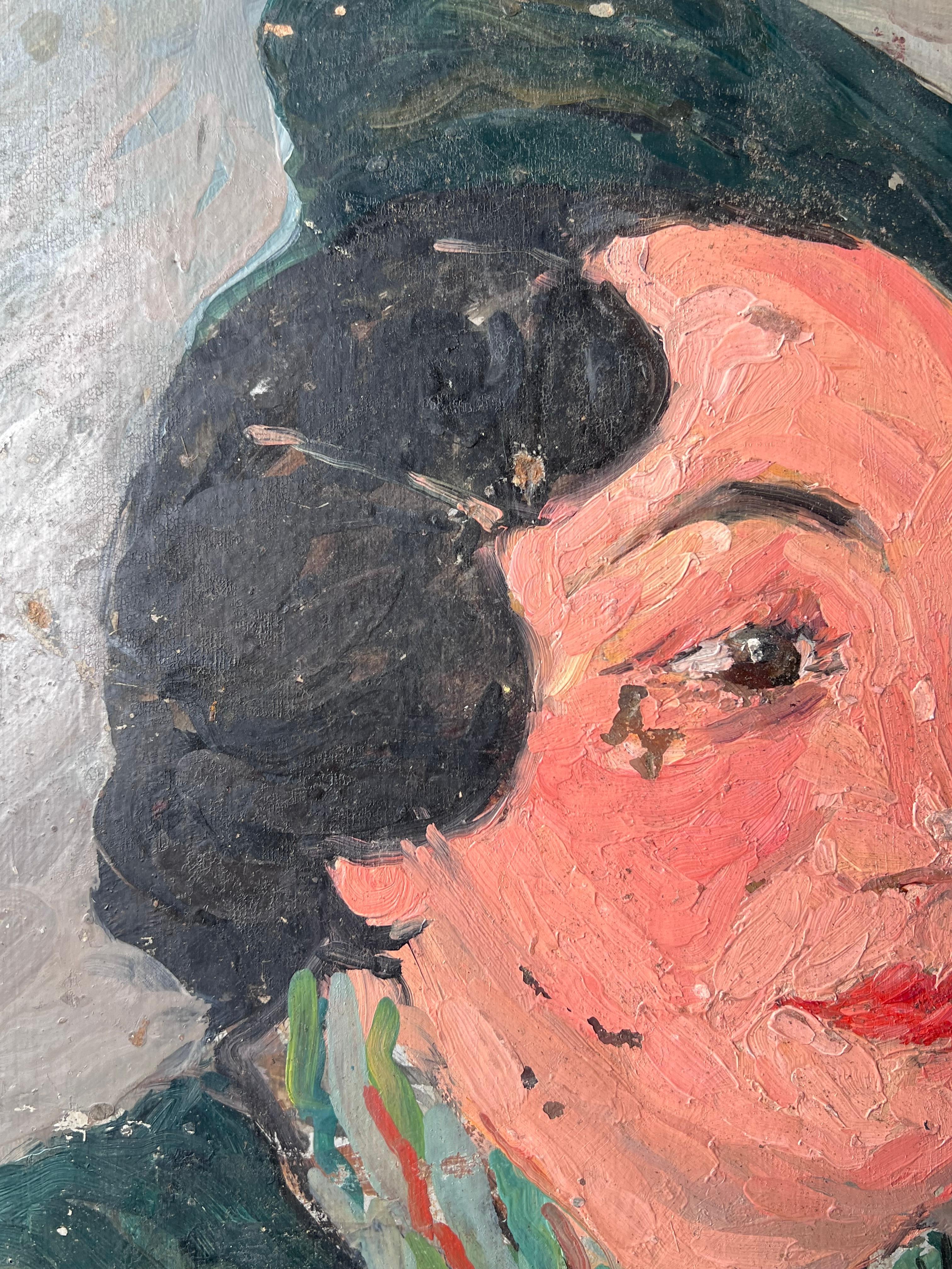 Impressionistisches Gemälde aus der Mitte des Jahrhunderts Stylish Lady in Green Wearing a Green Beret (Post-Impressionismus), Painting, von Suzanne Dinkes
