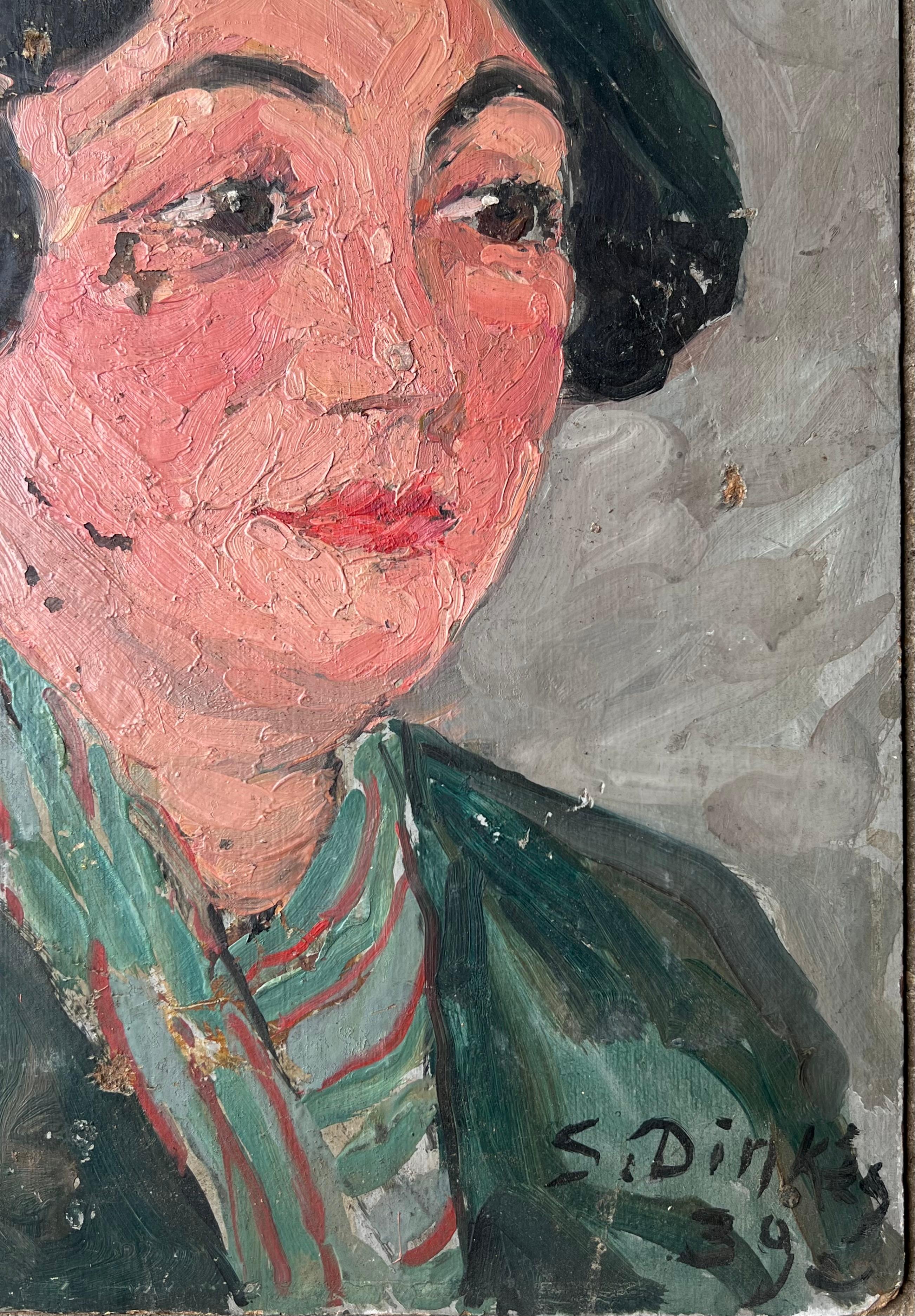 Impressionistisches Gemälde aus der Mitte des Jahrhunderts Stylish Lady in Green Wearing a Green Beret im Angebot 1