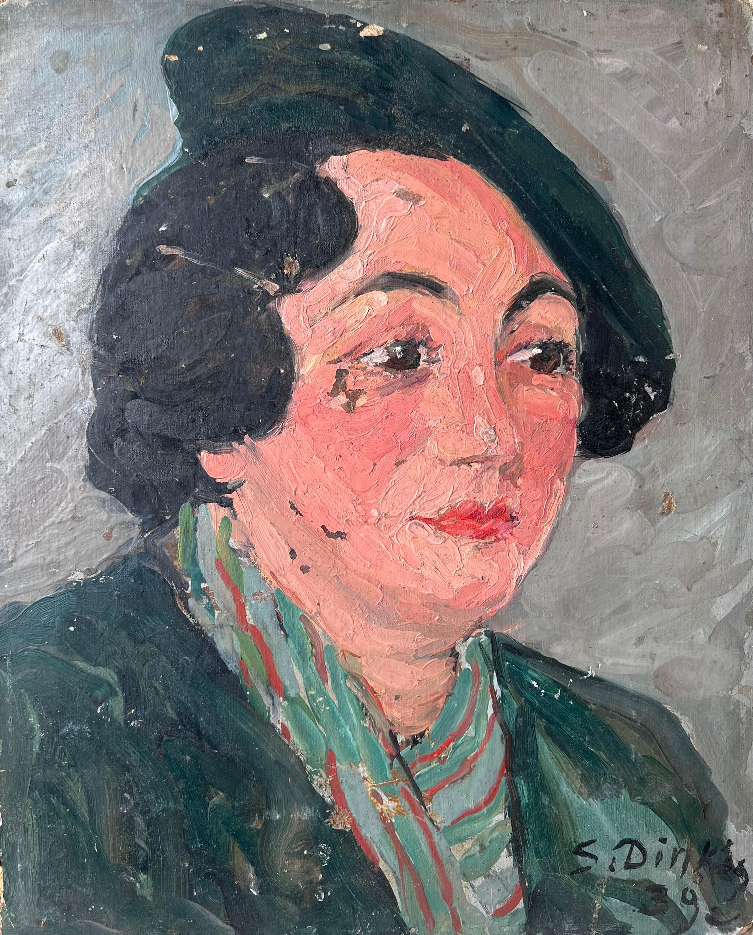 Impressionistisches Gemälde aus der Mitte des Jahrhunderts Stylish Lady in Green Wearing a Green Beret