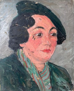 Impressionistisches Gemälde aus der Mitte des Jahrhunderts Stylish Lady in Green Wearing a Green Beret