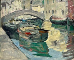 Moody Atmospheric Venice Canal Post-Impressionist 1950's French Oil green & pink