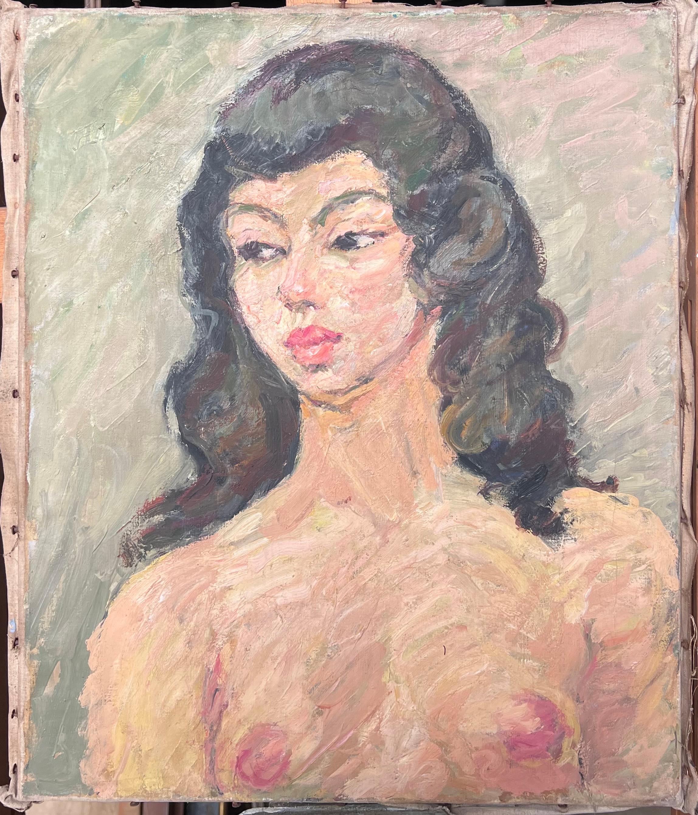 Retrato desnudo de una mujer con pelo negro Pintura francesa - Painting de Suzanne Dinkes