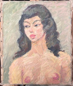 Nude Breast Portrait of A Female with Black Hair French Painting