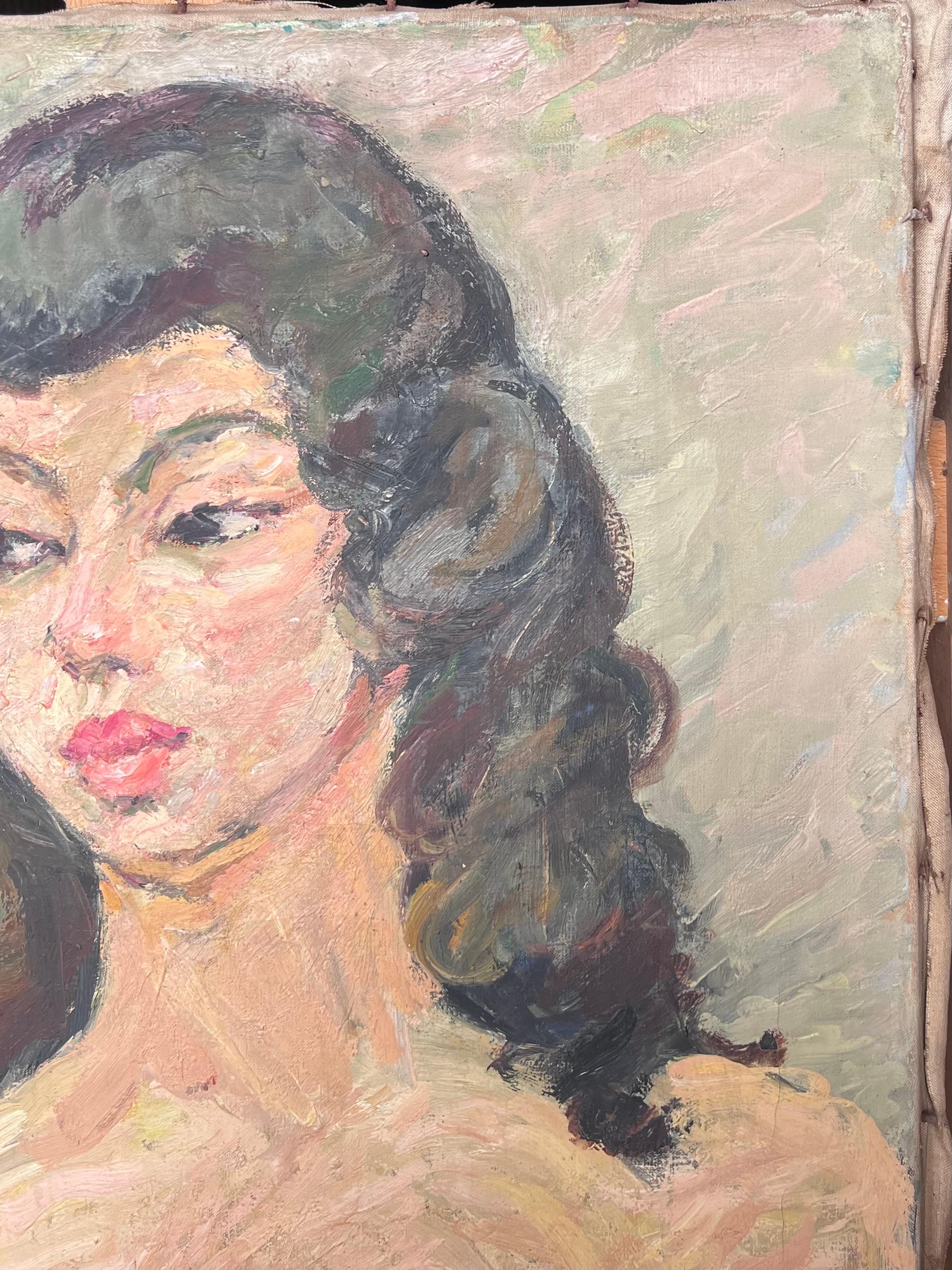 Retrato desnudo de una mujer con pelo negro Pintura francesa - Painting Posimpresionista de Suzanne Dinkes