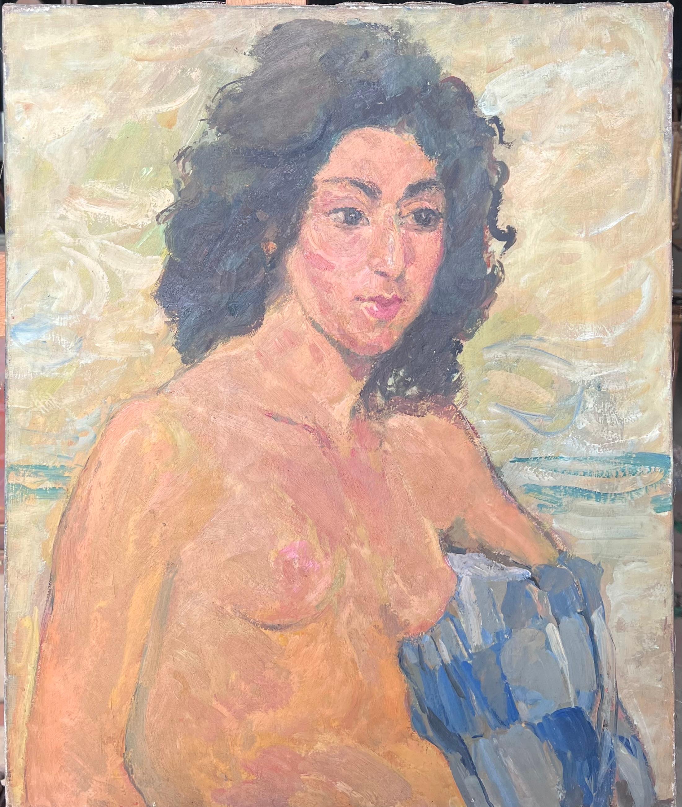 Étude de nu féminin d'une dame aux cheveux noirs bouclés Peinture française du milieu du siècle dernier - Painting de Suzanne Dinkes