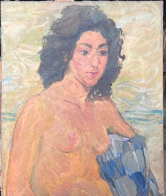 Nude Female Study Of a Lady With Black Curly Hair Mid Century French Painting