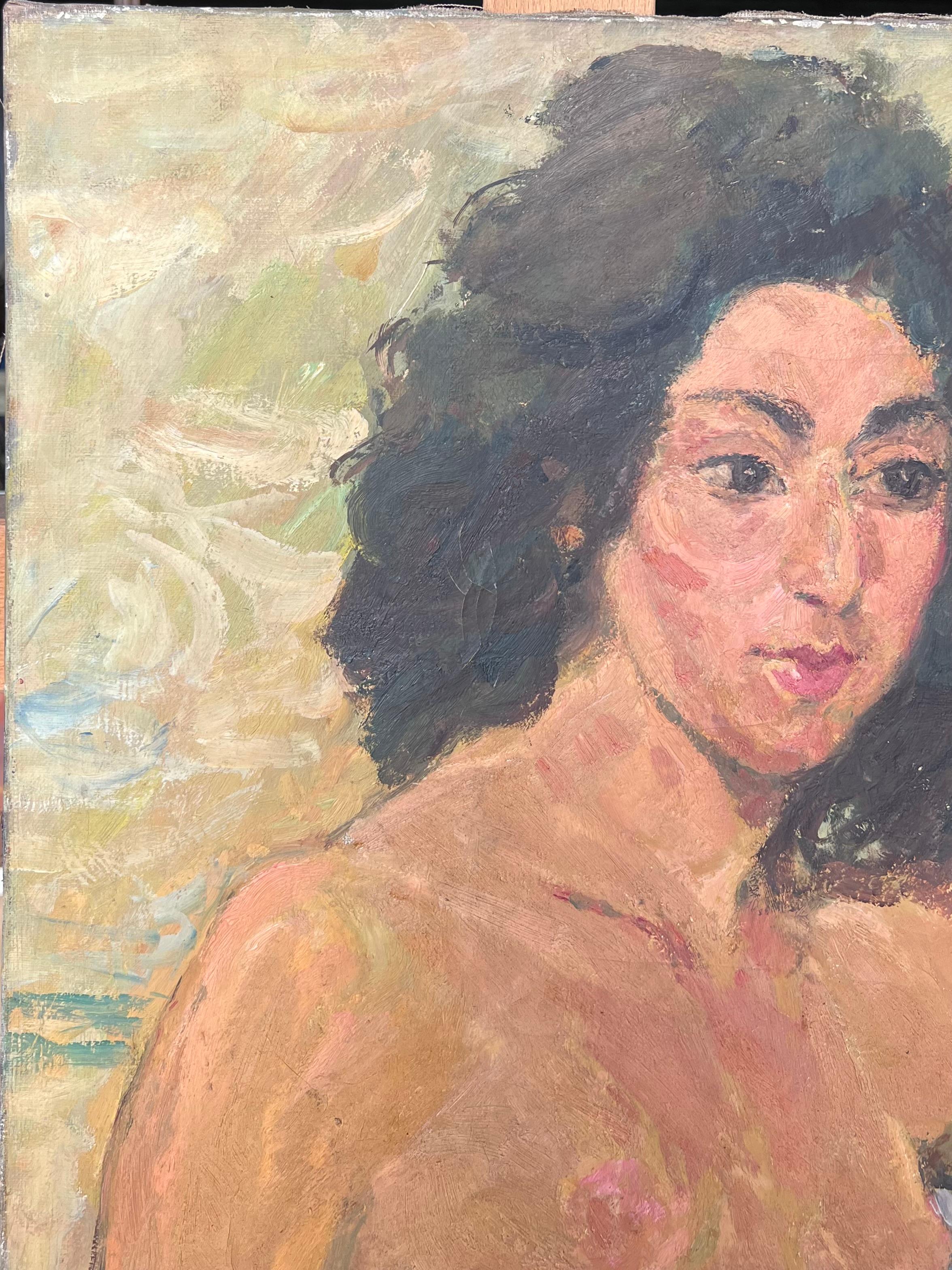 Étude de nu féminin d'une dame aux cheveux noirs bouclés Peinture française du milieu du siècle dernier - Post-impressionnisme Painting par Suzanne Dinkes