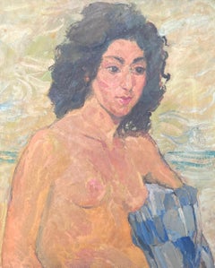 Nude Female Study Of a Lady With Black Curly Hair Mid Century French Painting
