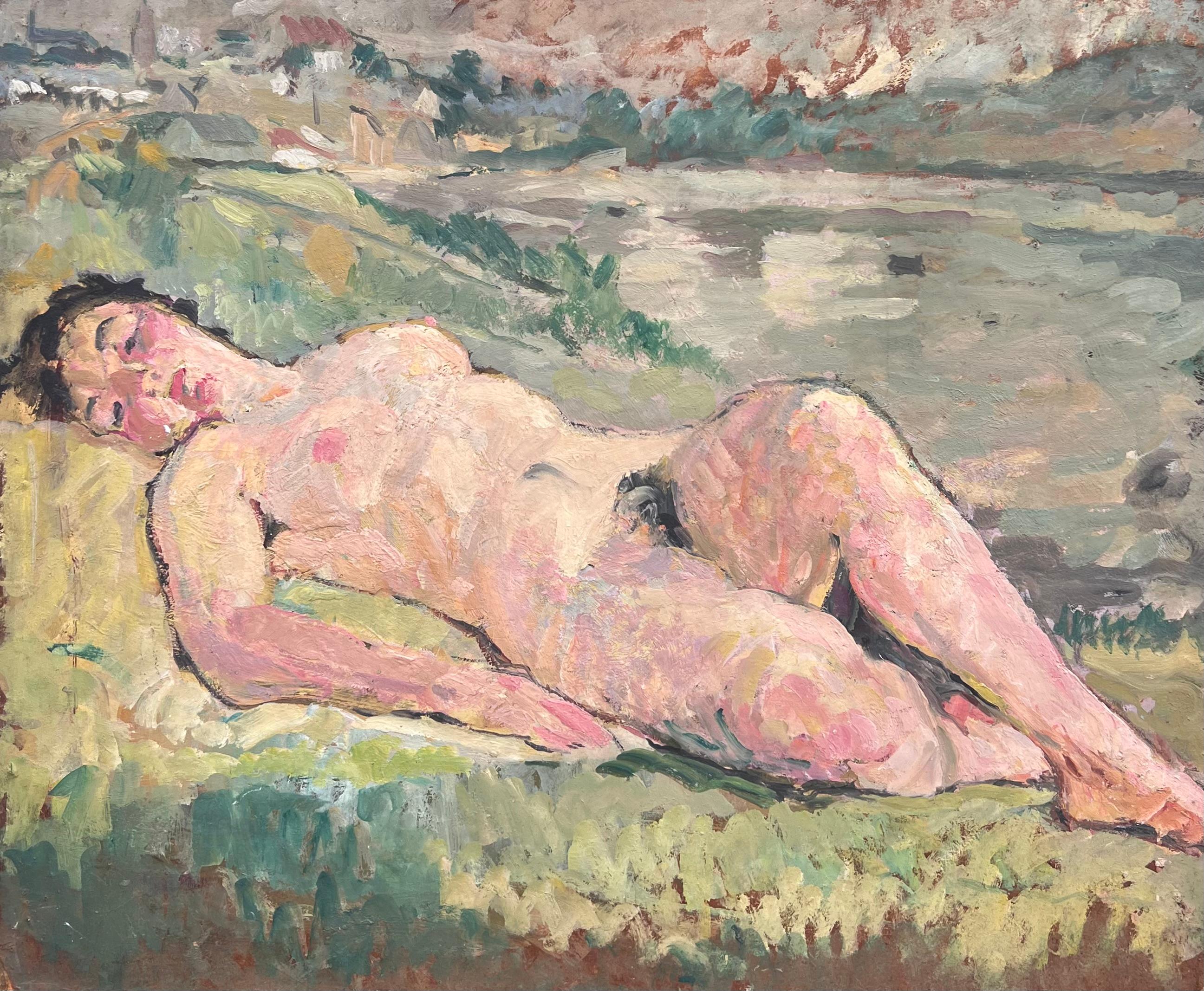 Estudio Femenino Desnudo Posado Sobre la Hierba Pintura Francesa de Mediados de Siglo - Painting de Suzanne Dinkes