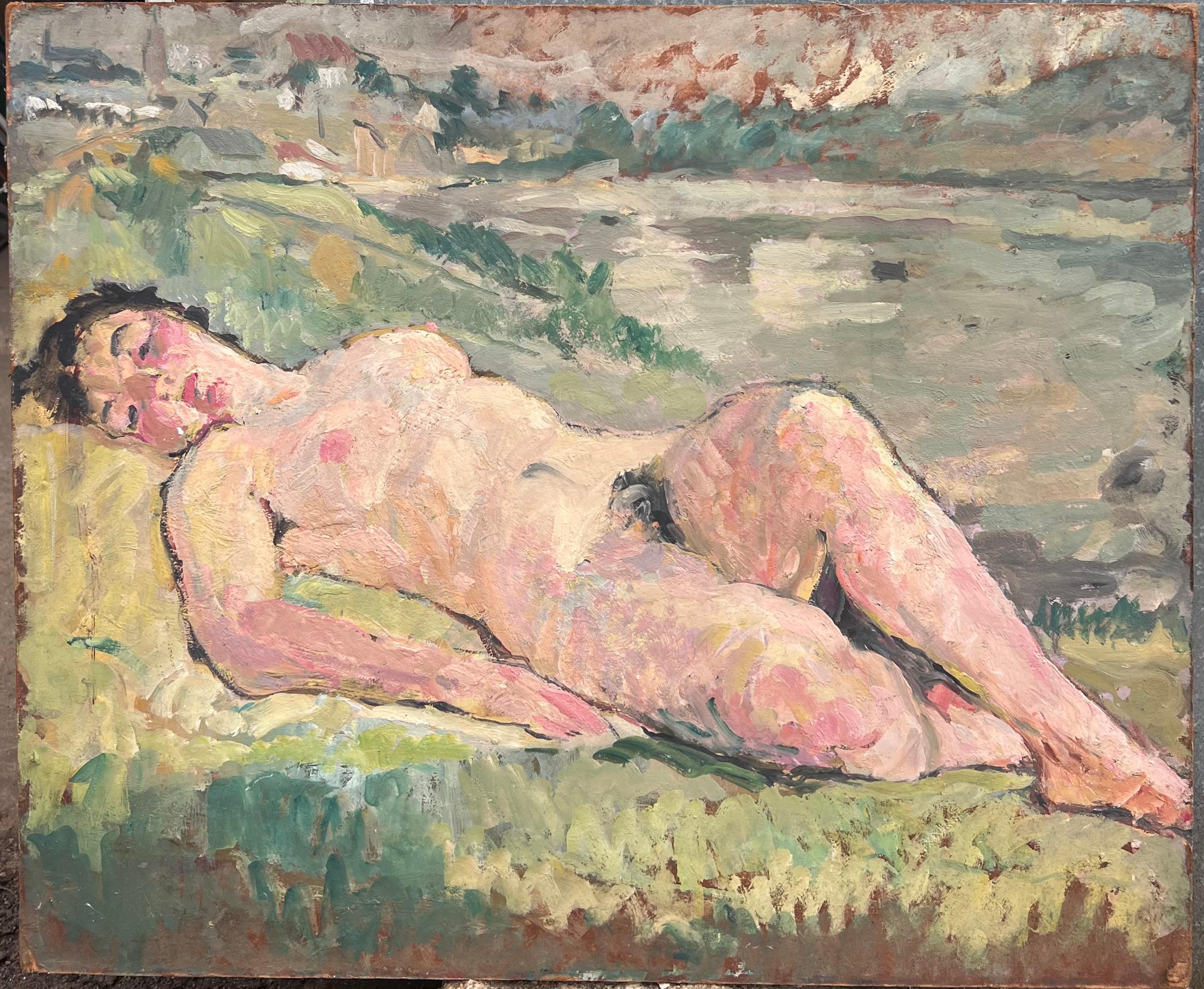 Estudio Femenino Desnudo Posado Sobre la Hierba Pintura Francesa de Mediados de Siglo - Painting Posimpresionista de Suzanne Dinkes