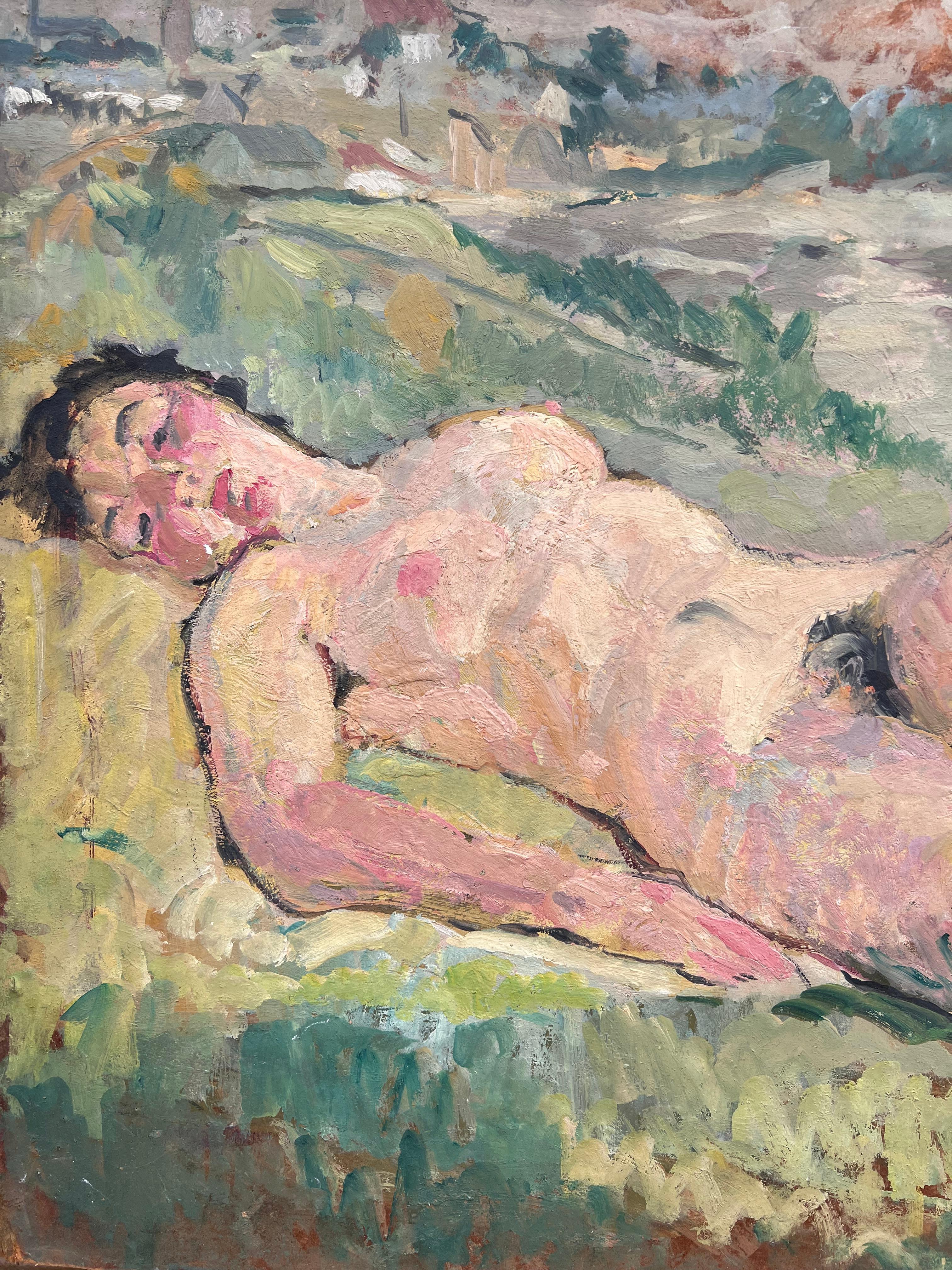 Estudio Femenino Desnudo Posado Sobre la Hierba Pintura Francesa de Mediados de Siglo - Figurative Painting Marrón de Suzanne Dinkes