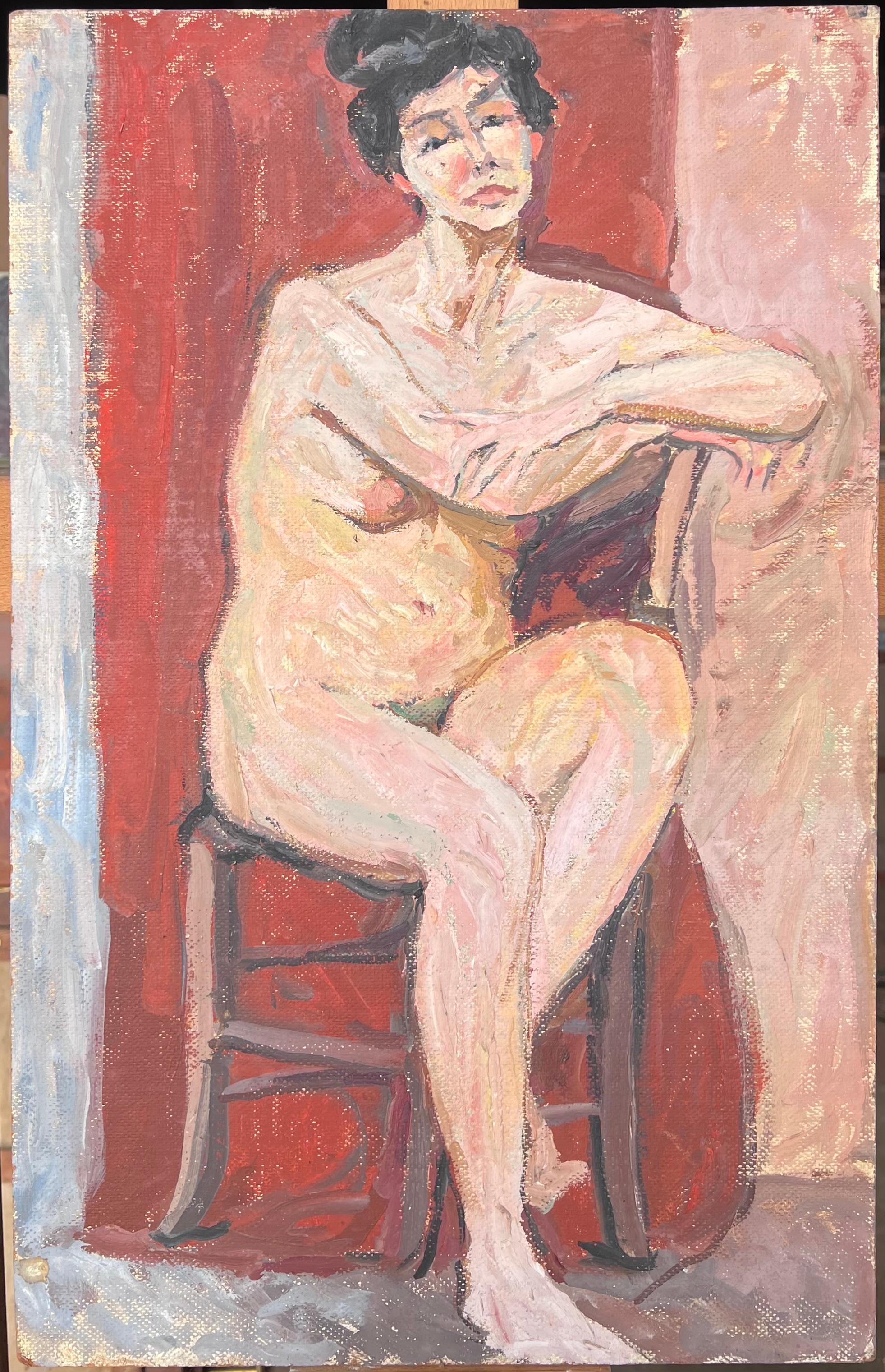 Femme nue sur un étal dans un intérieur rouge Peinture impressionniste française du milieu du siècle - Painting de Suzanne Dinkes