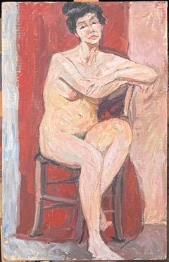 Nude Lady on Stall In Red Interior Mid Century French Impressionist Painting