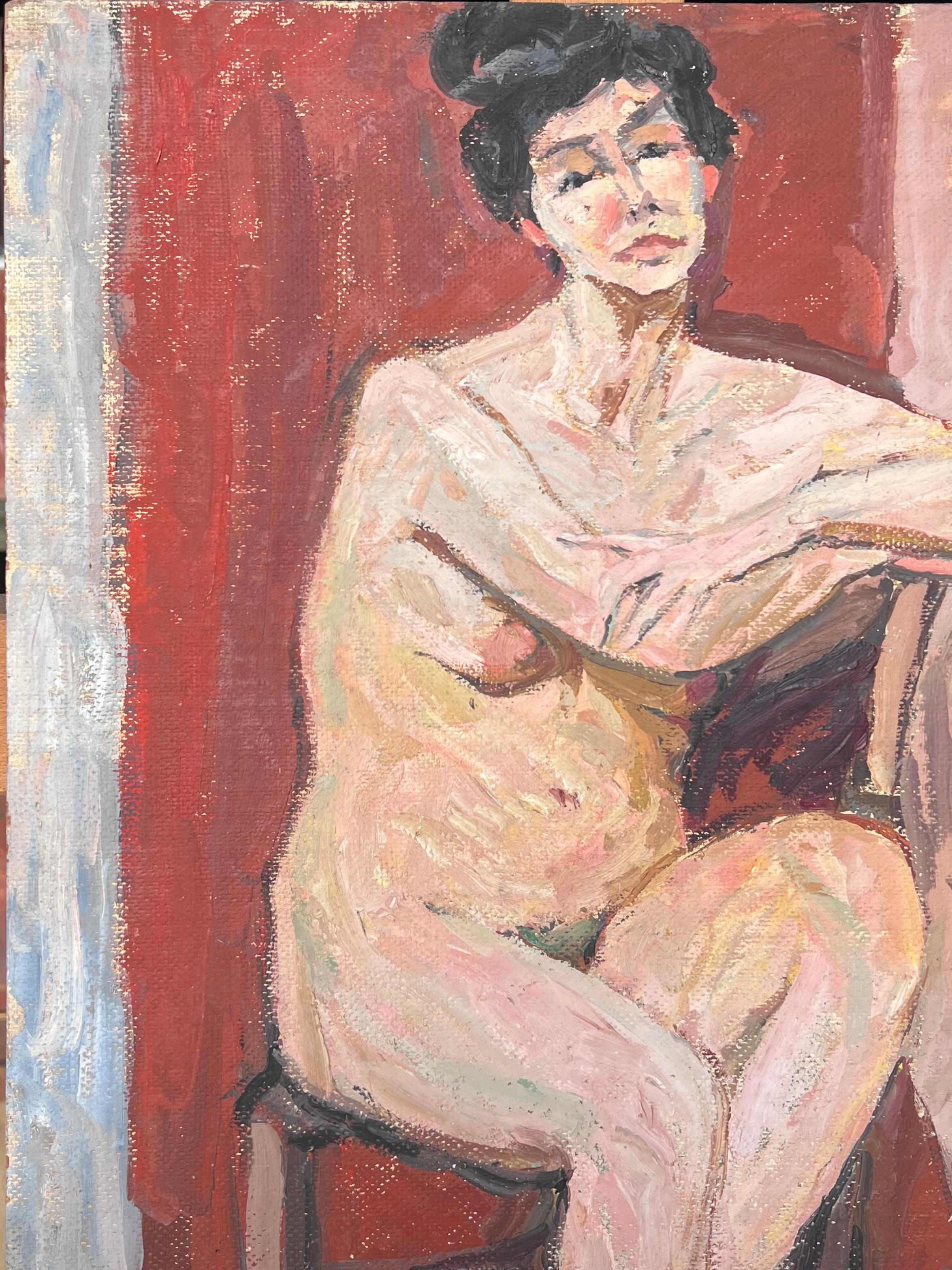 Femme nue sur un étal dans un intérieur rouge Peinture impressionniste française du milieu du siècle - Post-impressionnisme Painting par Suzanne Dinkes
