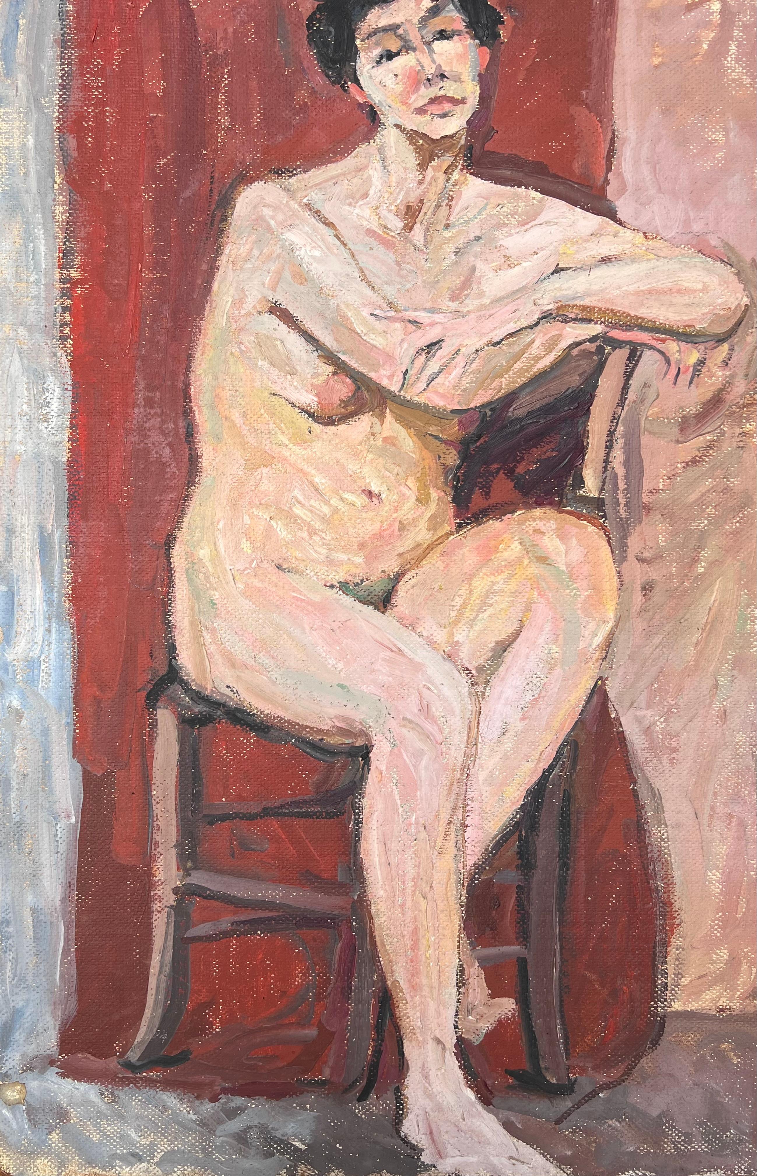 Femme nue sur un étal dans un intérieur rouge Peinture impressionniste française du milieu du siècle en vente 1
