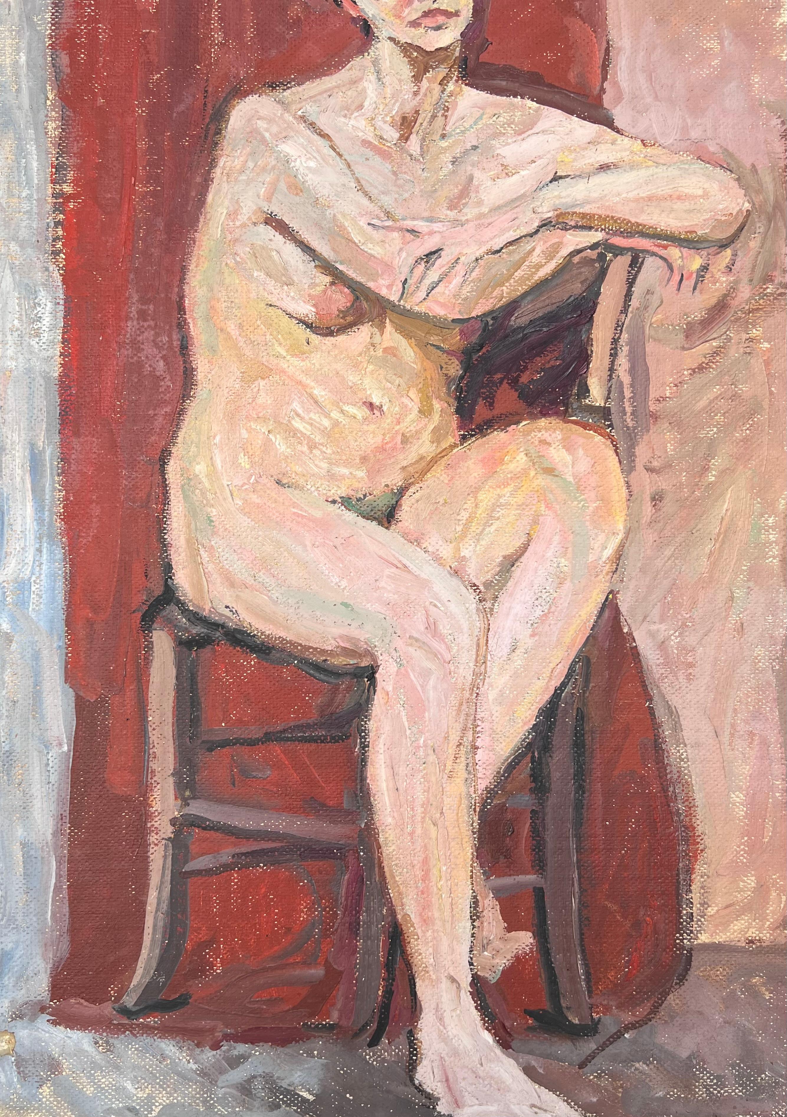 Femme nue sur un étal dans un intérieur rouge Peinture impressionniste française du milieu du siècle en vente 2