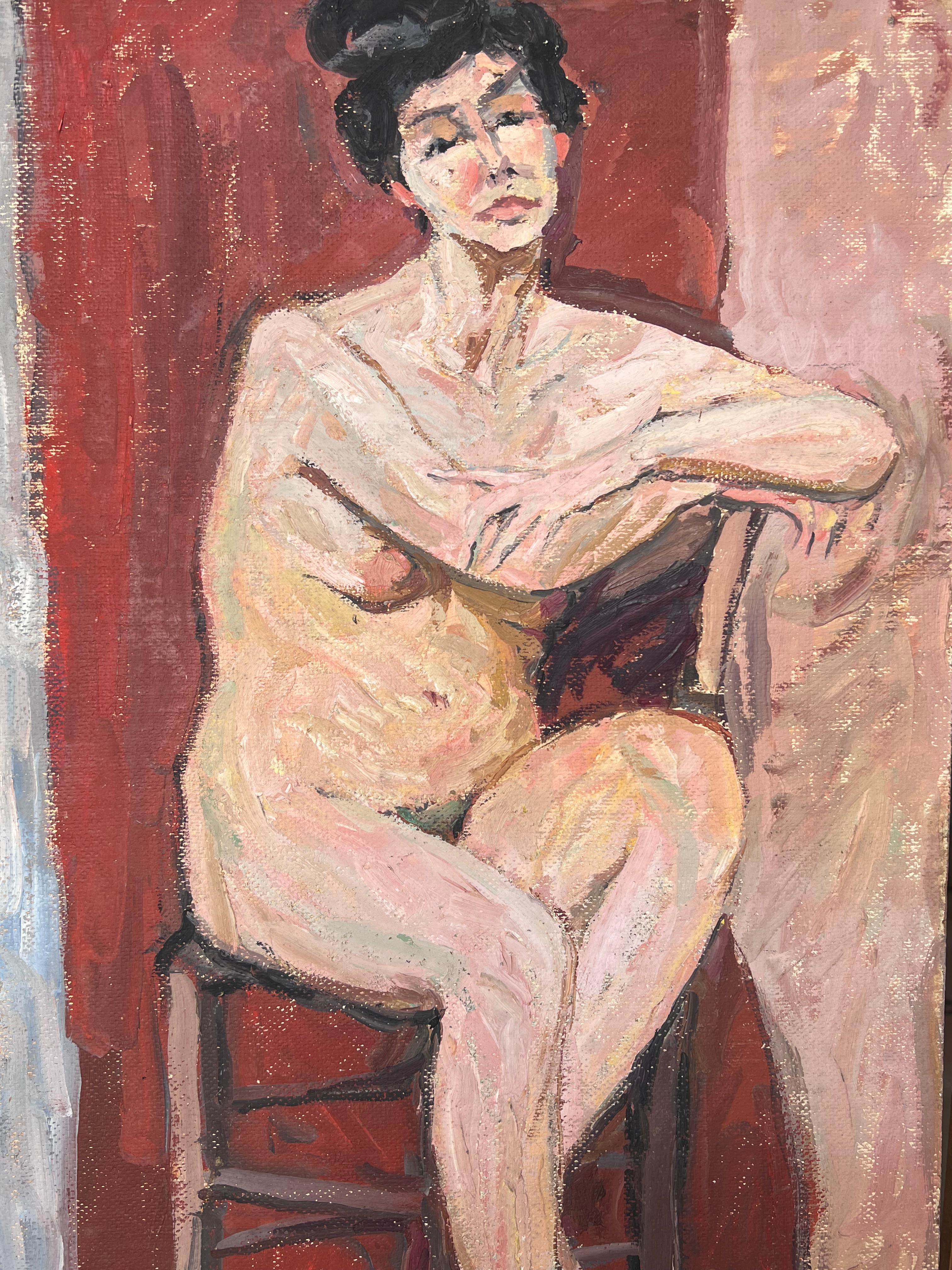 Femme nue sur un étal dans un intérieur rouge Peinture impressionniste française du milieu du siècle en vente 3
