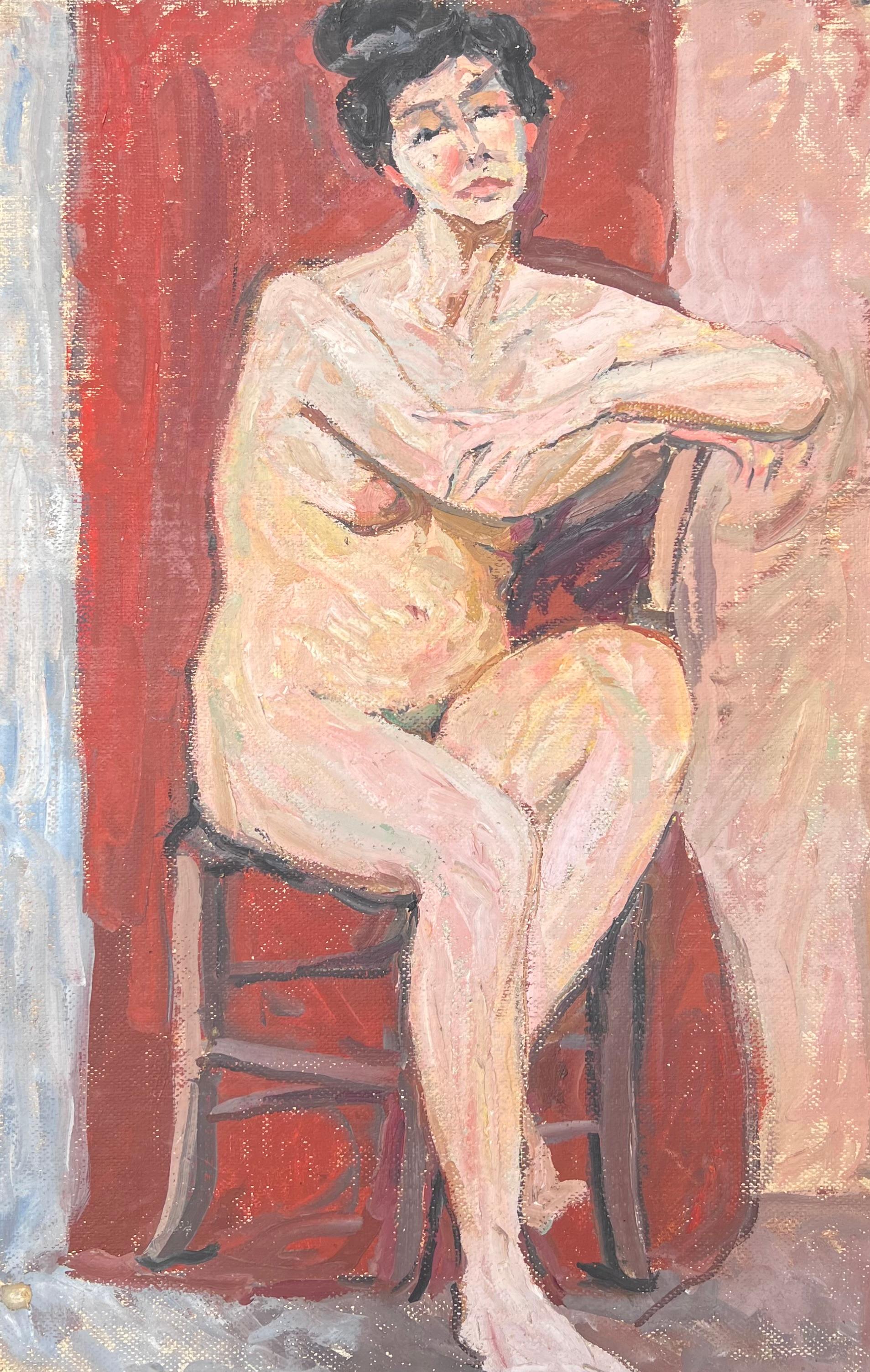 Nude Lady on Stall In Red Interior Mid Century French Impressionist Painting
