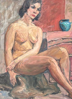 Nackte Dame posiert auf Stall mit einem blauen Terrakotta-Topf Französisch Mid Century Malerei