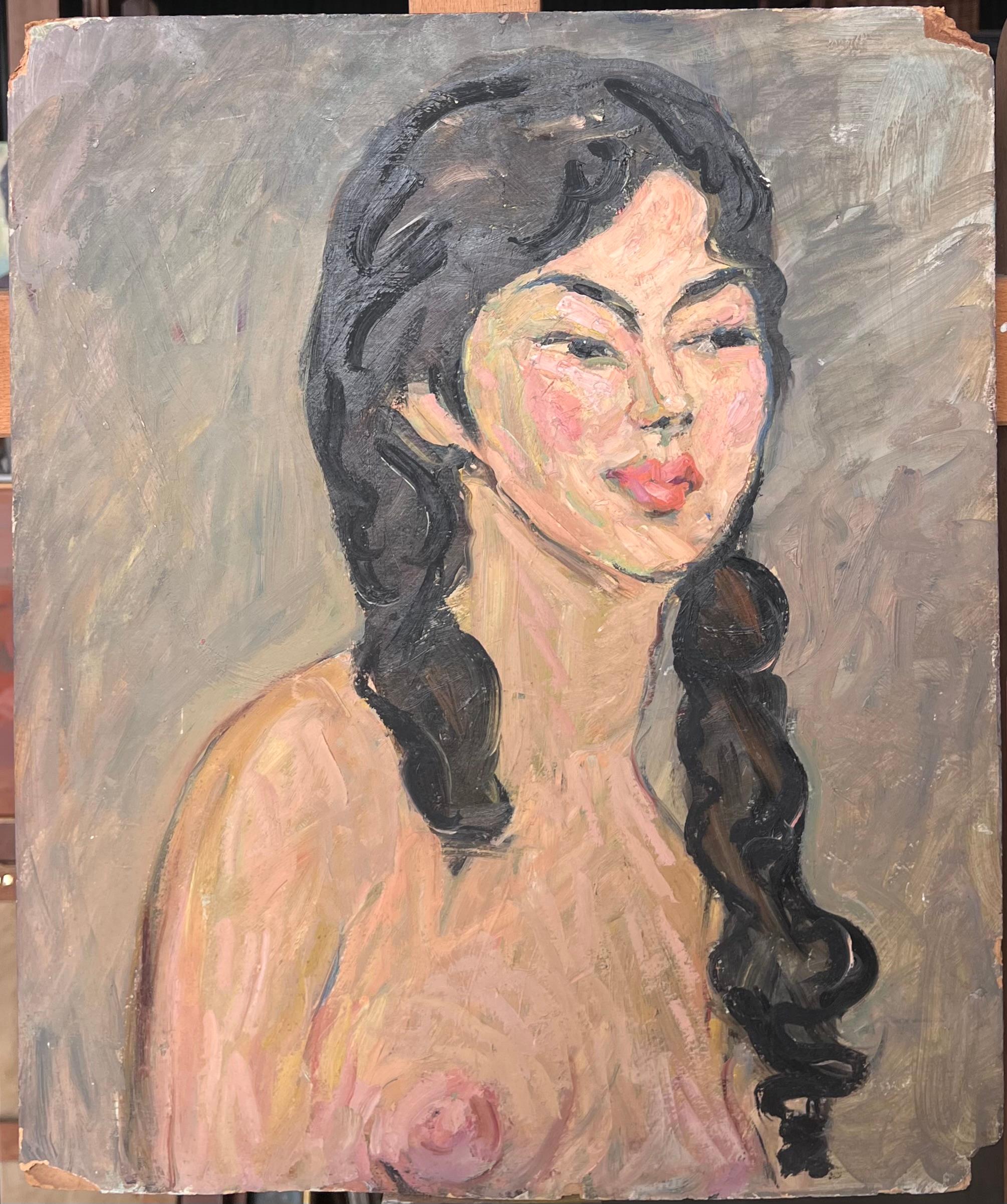 Akt Porträt einer Frau mit schwarzen lockigen Haaren Mid Century Französisch Malerei – Painting von Suzanne Dinkes