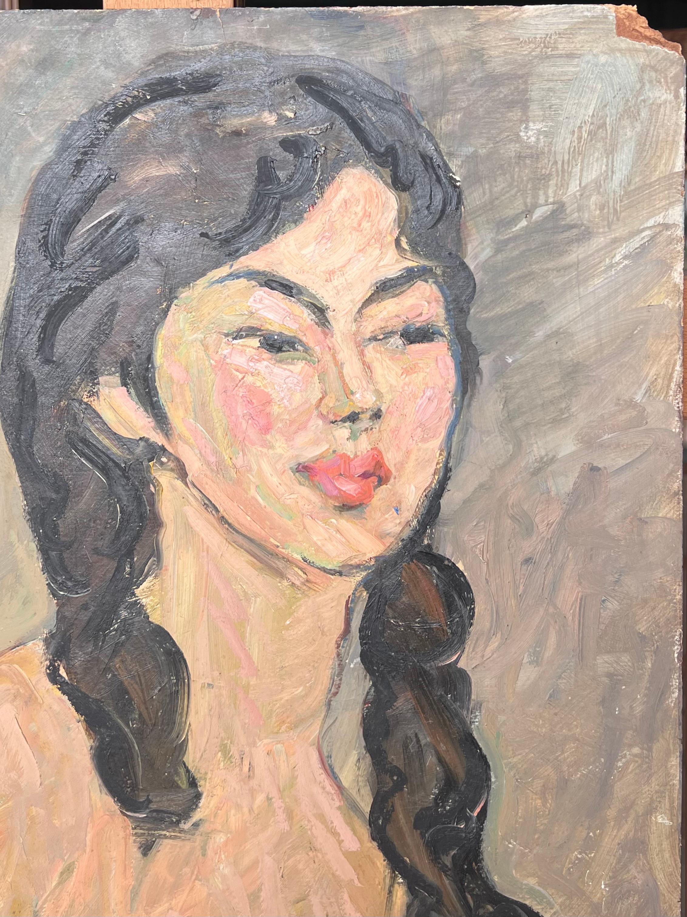 Akt Porträt einer Frau mit schwarzen lockigen Haaren Mid Century Französisch Malerei (Post-Impressionismus), Painting, von Suzanne Dinkes