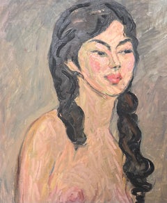 Akt Porträt einer Frau mit schwarzen lockigen Haaren Mid Century Französisch Malerei