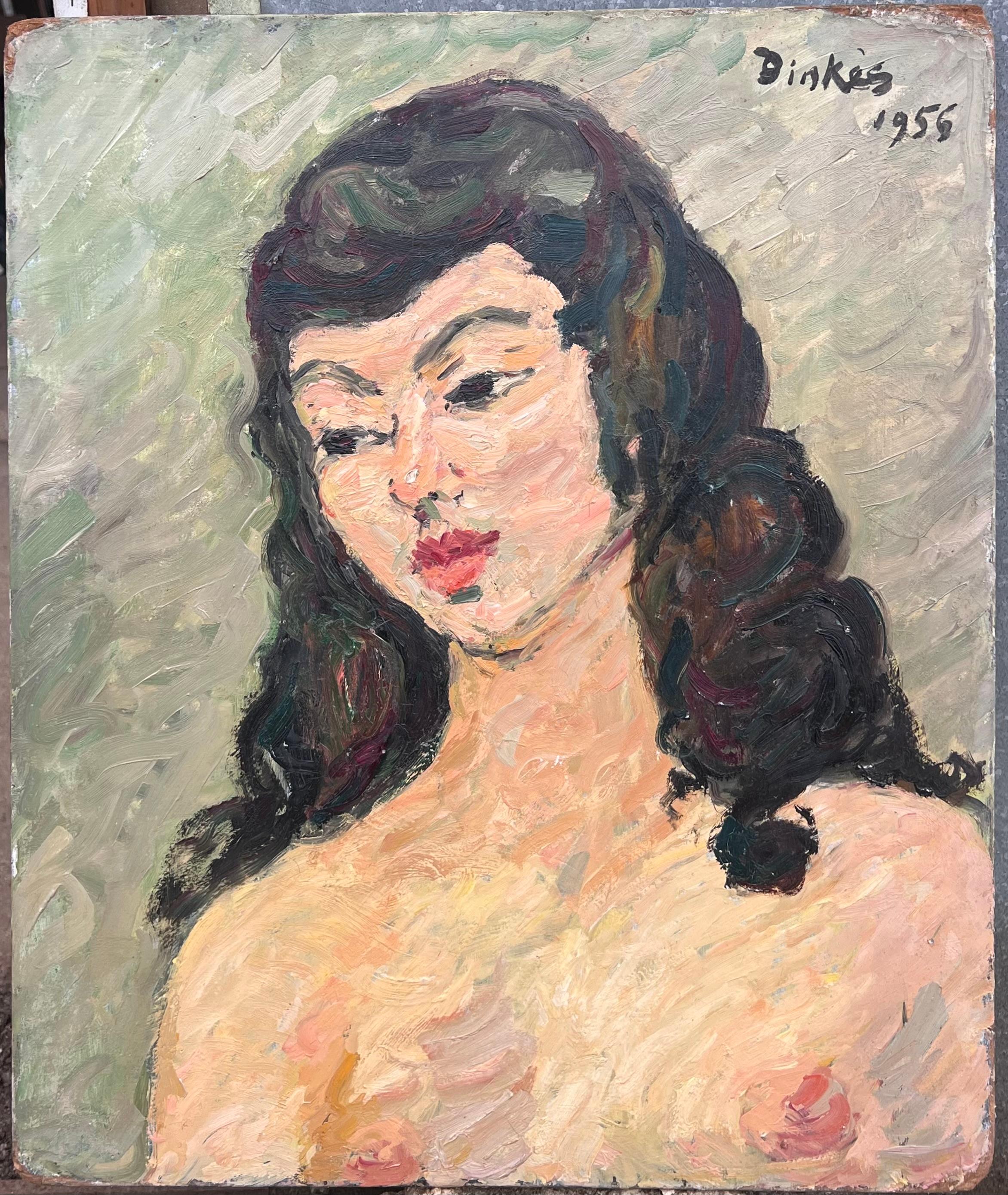 Portrait d'une femme nue aux cheveux noirs et aux traits audacieux Peinture française - Painting de Suzanne Dinkes