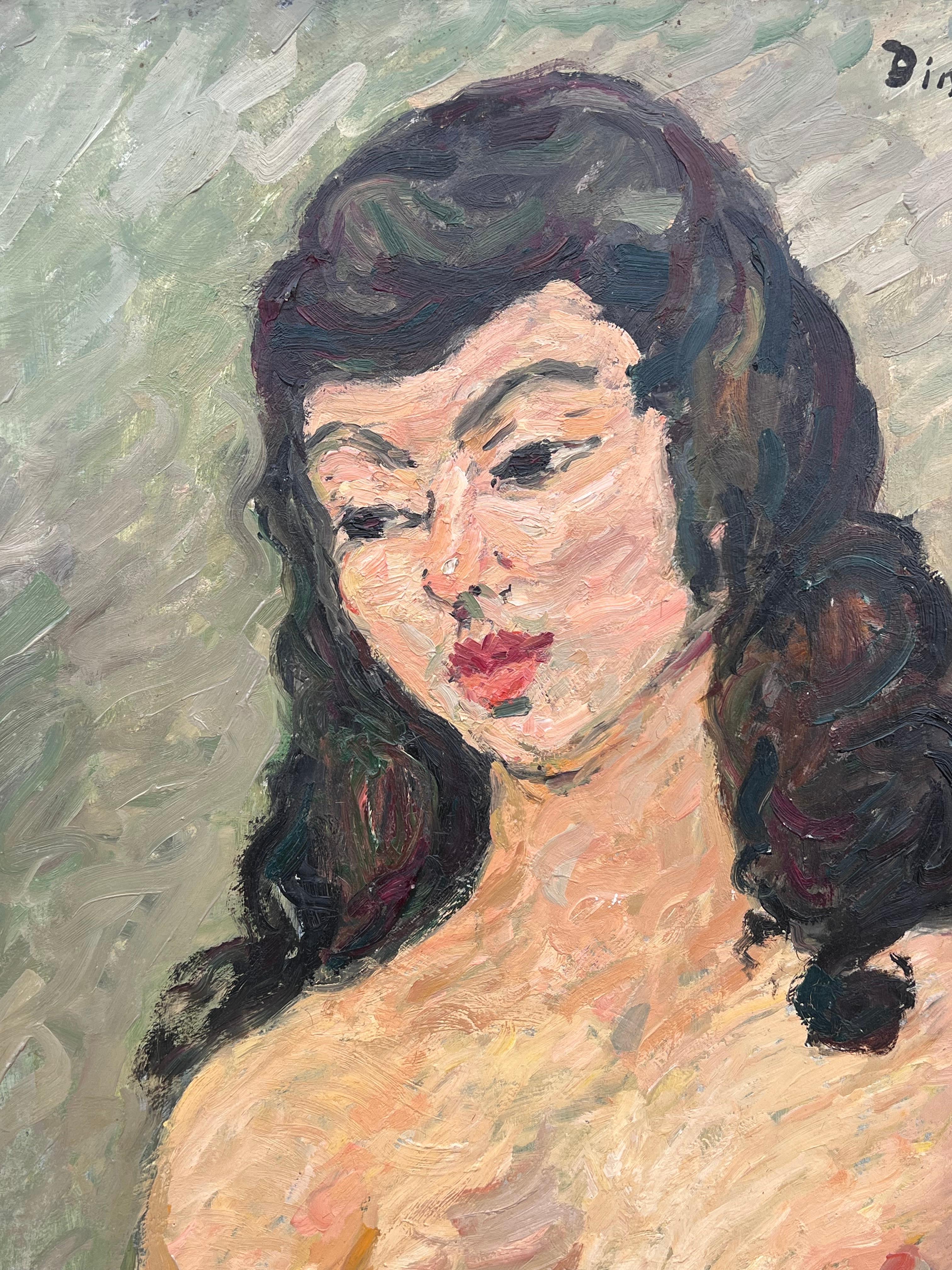 Portrait d'une femme nue aux cheveux noirs et aux traits audacieux Peinture française - Post-impressionnisme Painting par Suzanne Dinkes