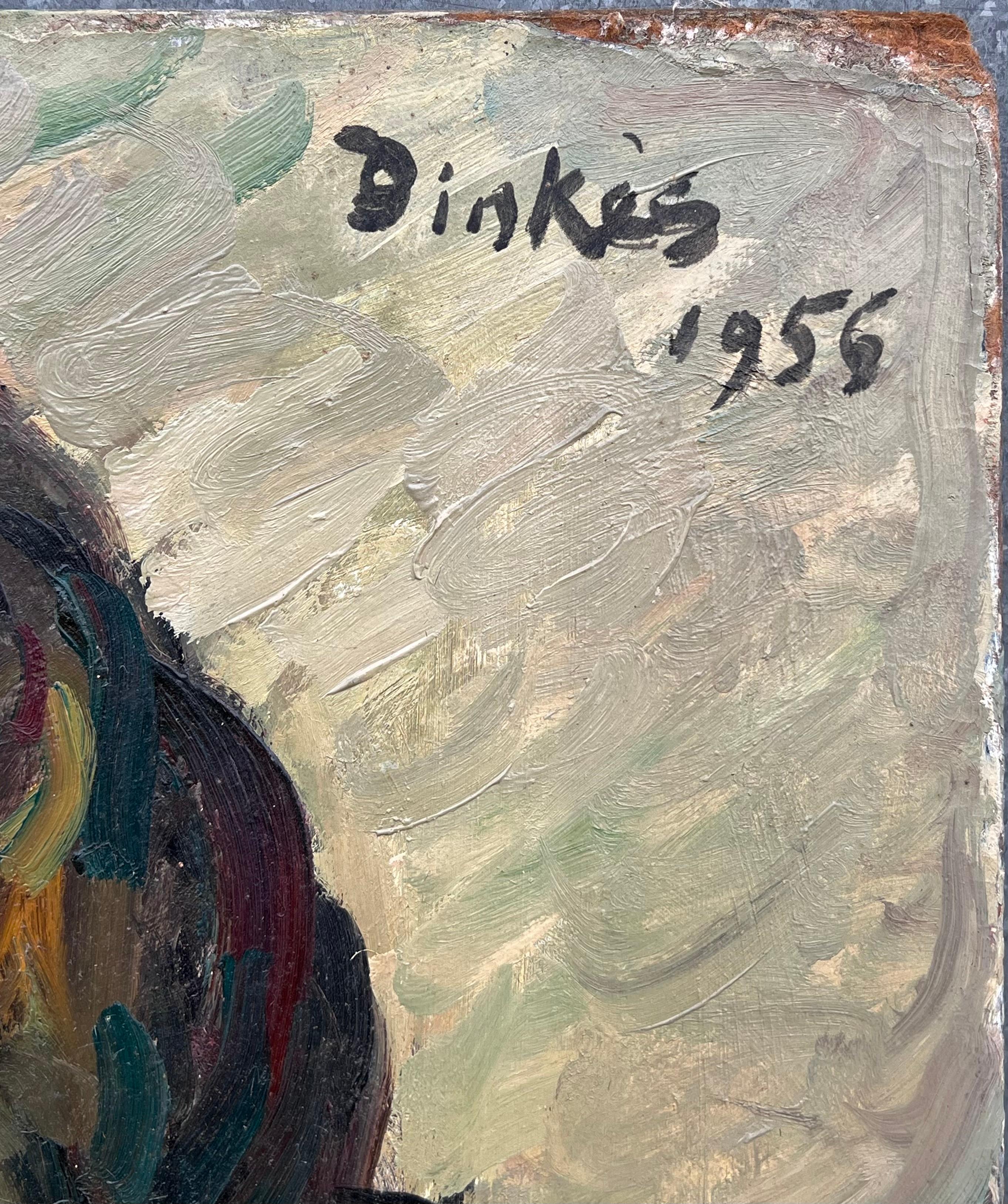 Portrait d'une femme nue aux cheveux noirs et aux traits audacieux Peinture française - Beige Portrait Painting par Suzanne Dinkes