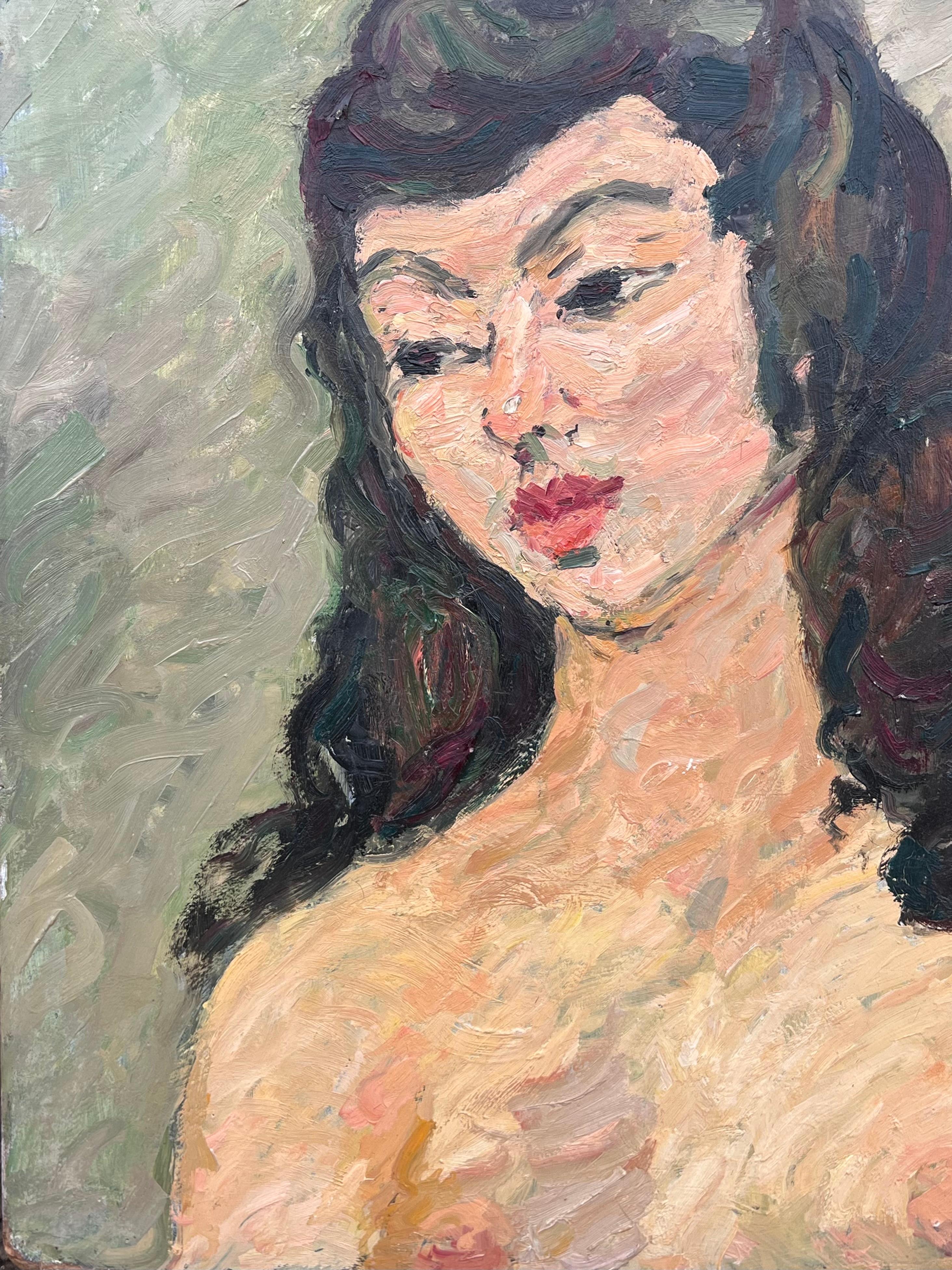 Portrait d'une femme nue aux cheveux noirs et aux traits audacieux Peinture française en vente 2