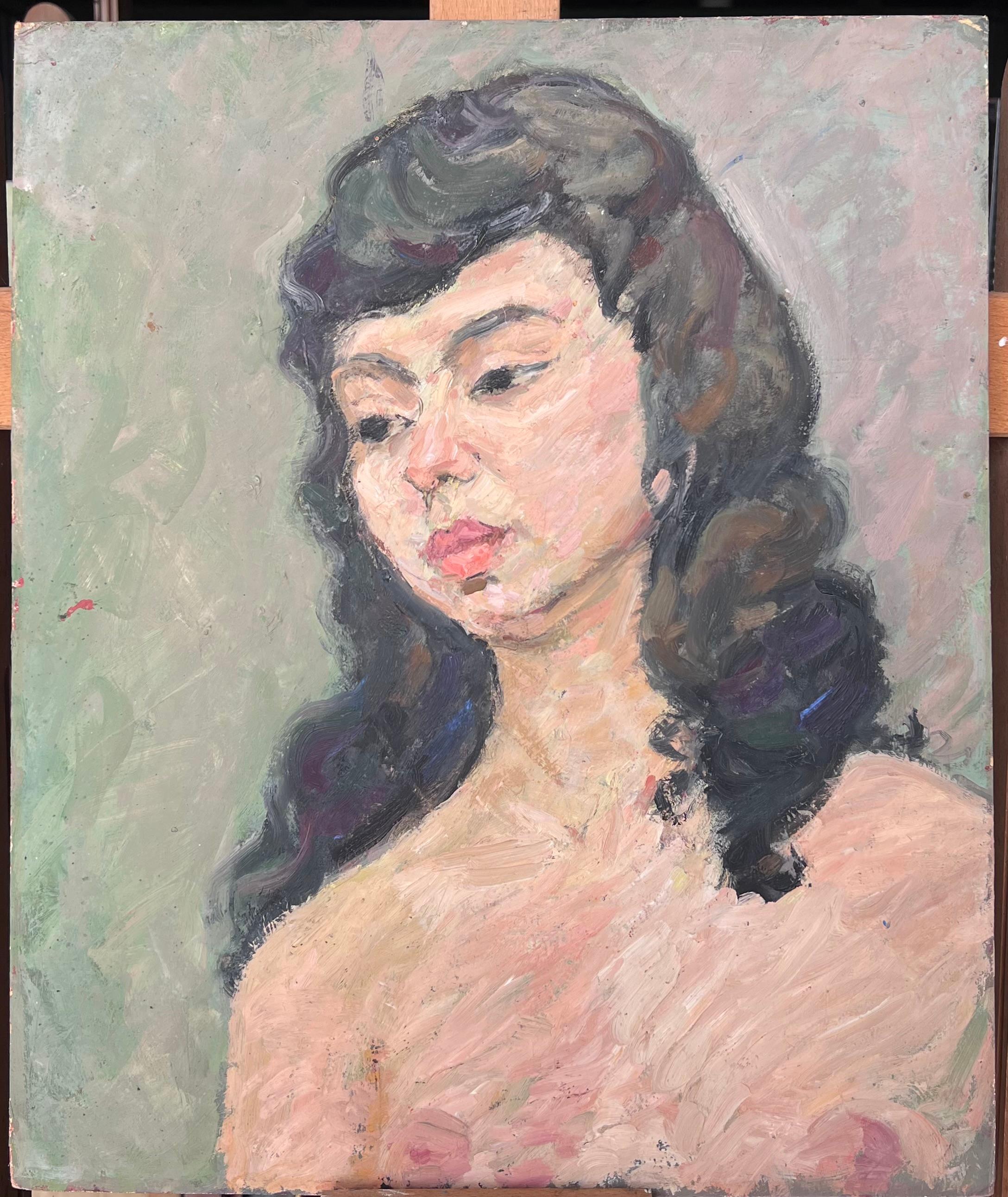 Ritratto nudo di una donna con i capelli neri Pittura francese della metà del secolo scorso - Painting di Suzanne Dinkes