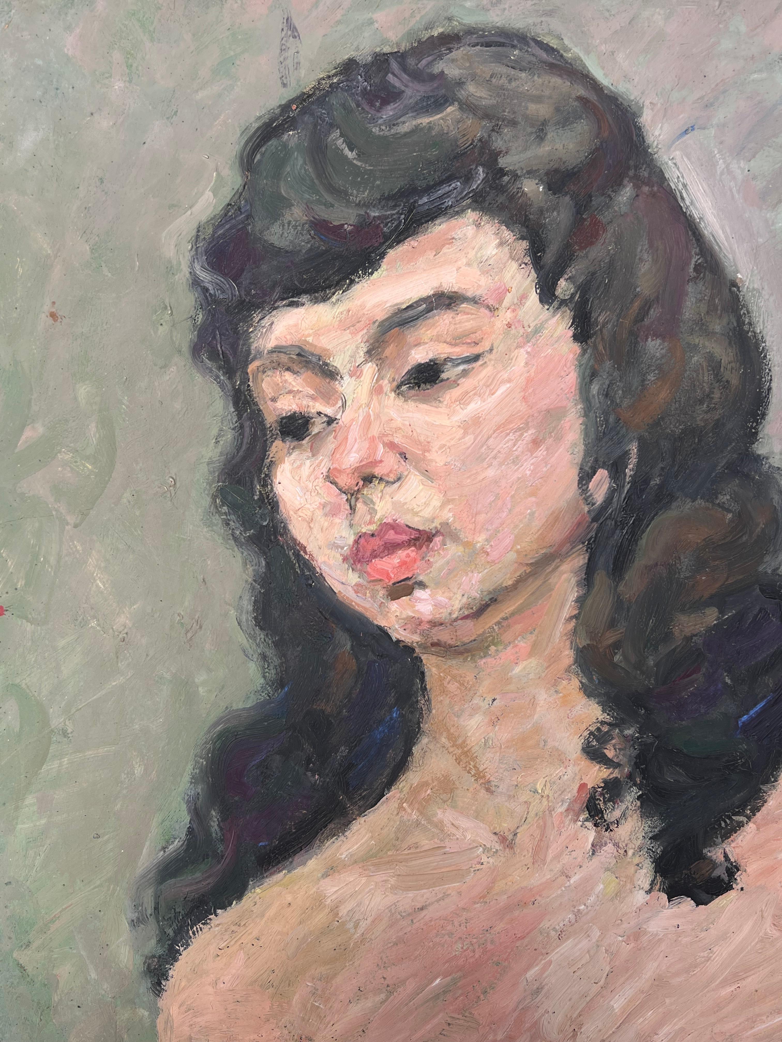 Ritratto nudo di una donna con i capelli neri Pittura francese della metà del secolo scorso - Painting Postimpressionismo di Suzanne Dinkes