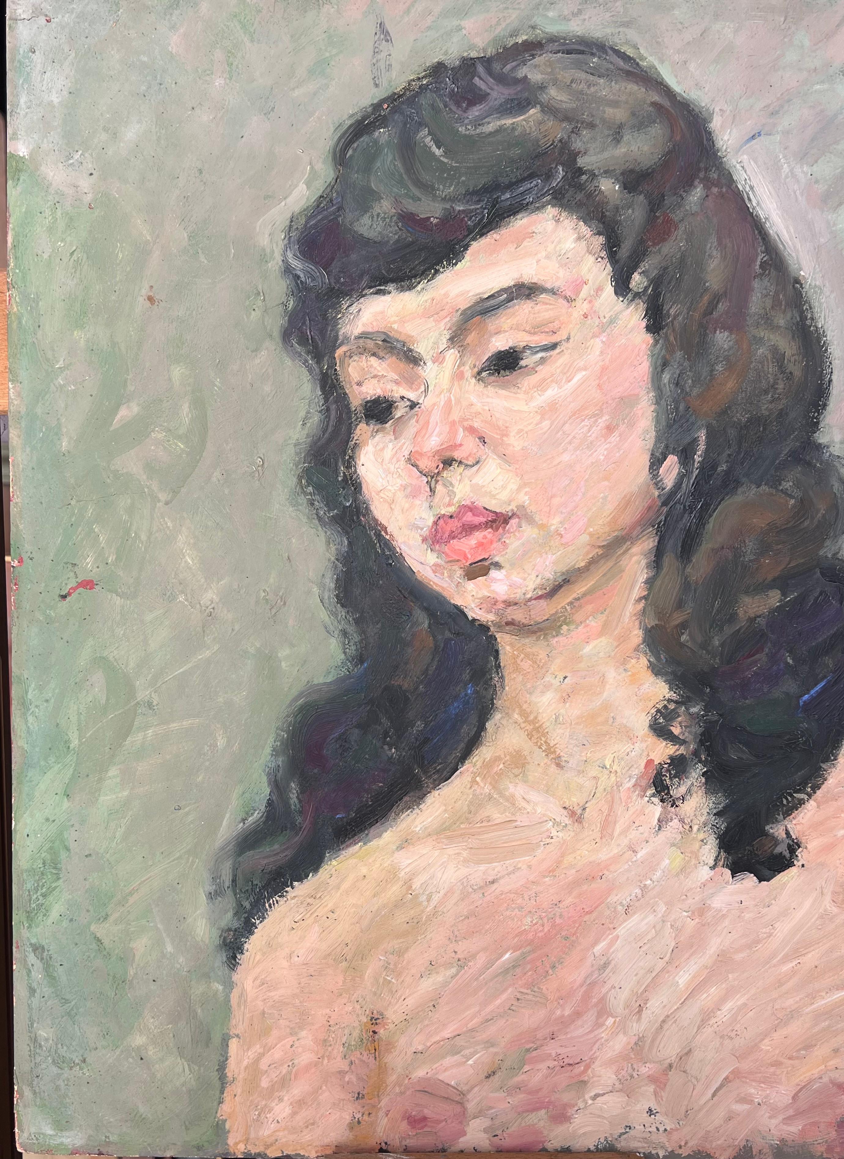 Ritratto nudo di una donna con i capelli neri Pittura francese della metà del secolo scorso in vendita 1