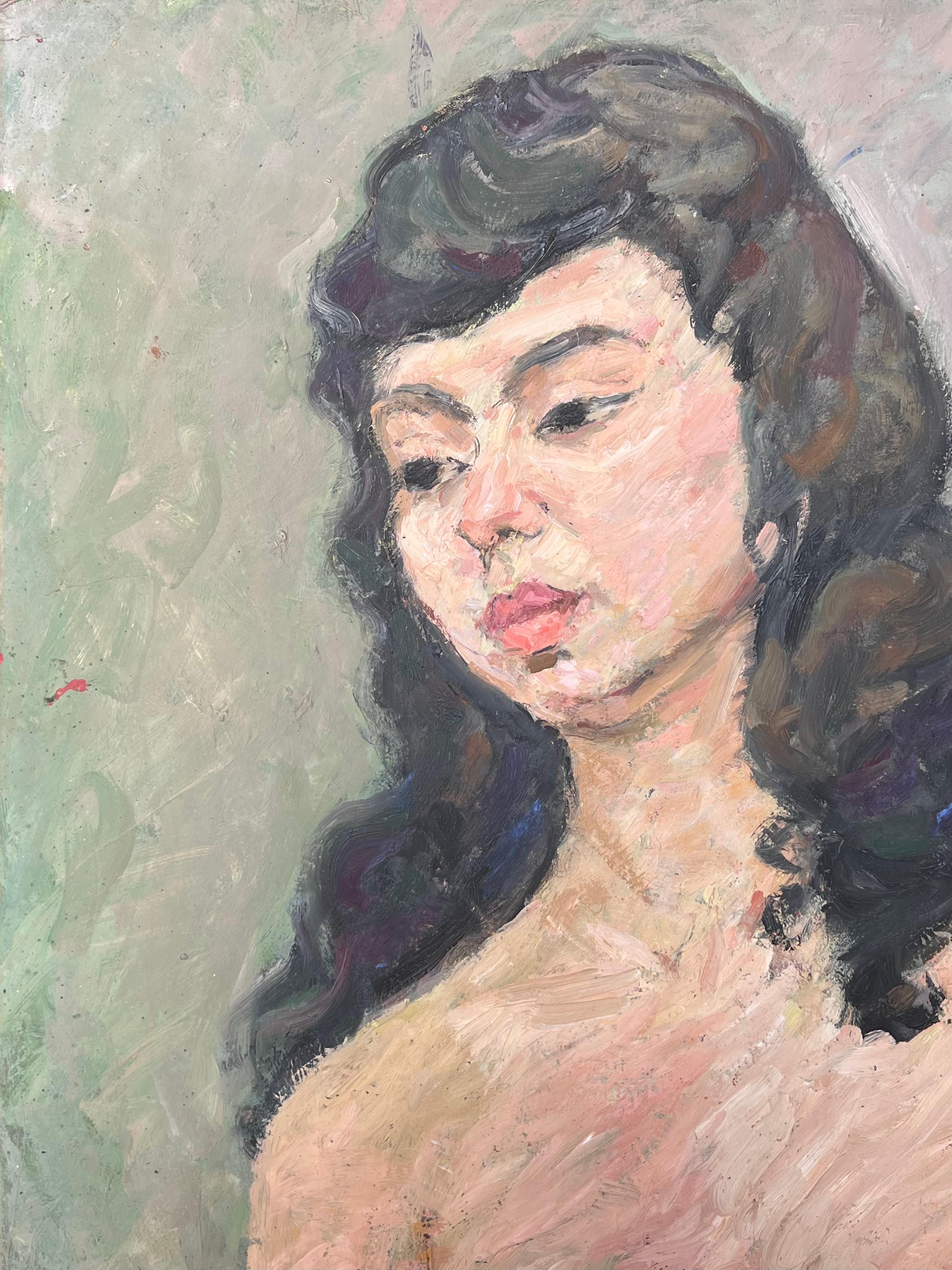 Ritratto nudo di una donna con i capelli neri Pittura francese della metà del secolo scorso in vendita 2