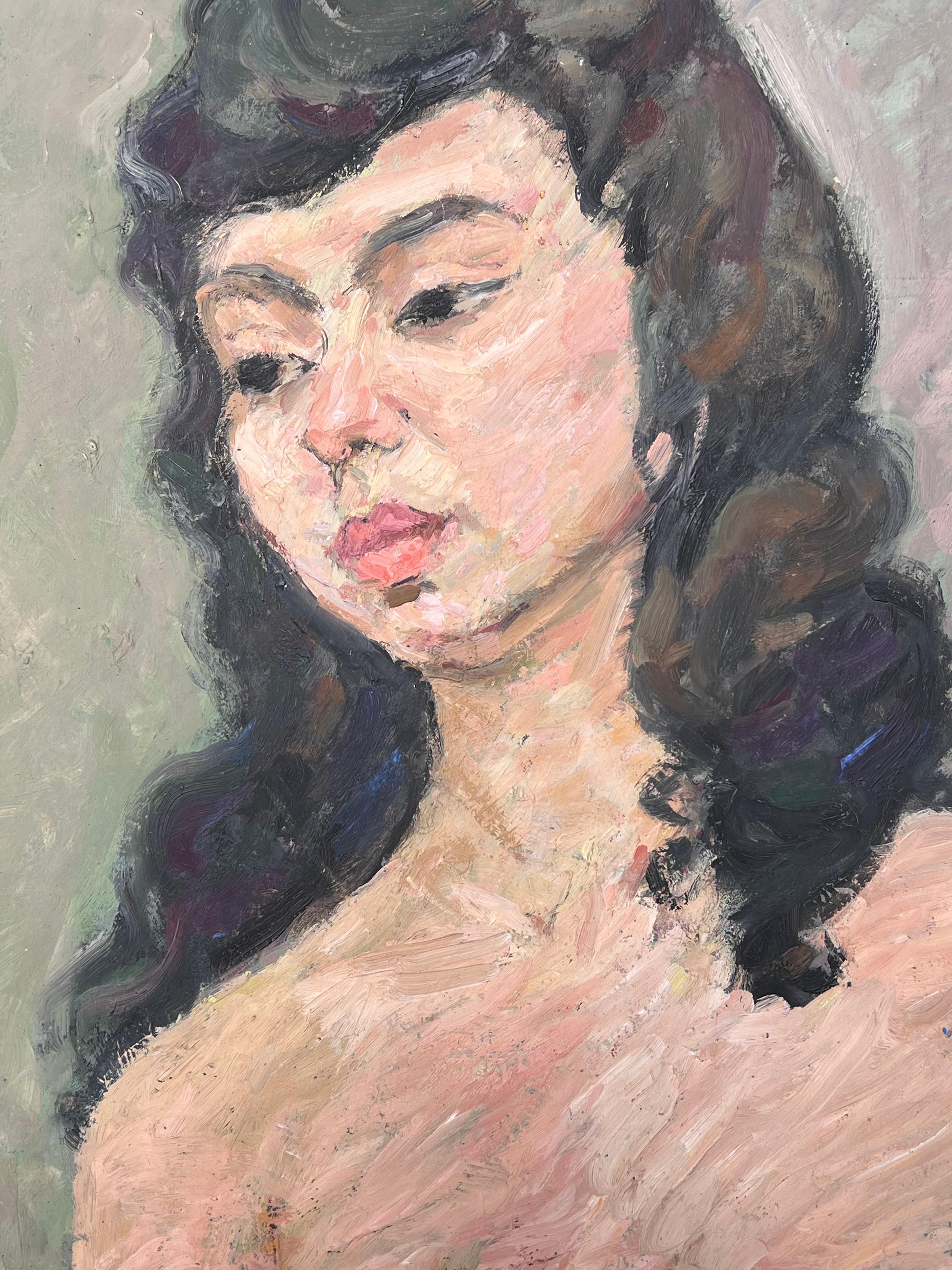 Ritratto nudo di una donna con i capelli neri Pittura francese della metà del secolo scorso in vendita 3