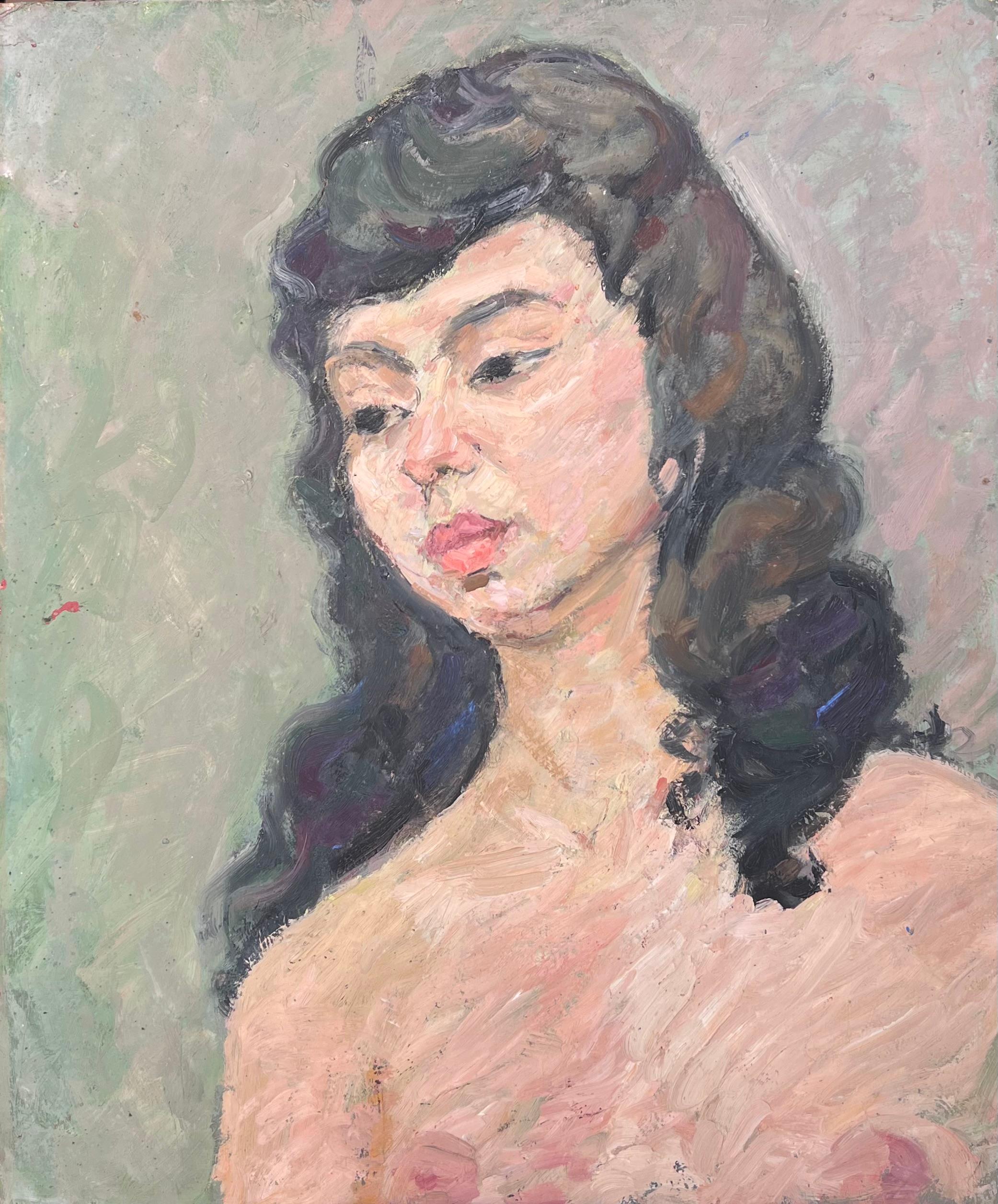 Nude Portrait of A Female with Black Hair Mid Century French Painting