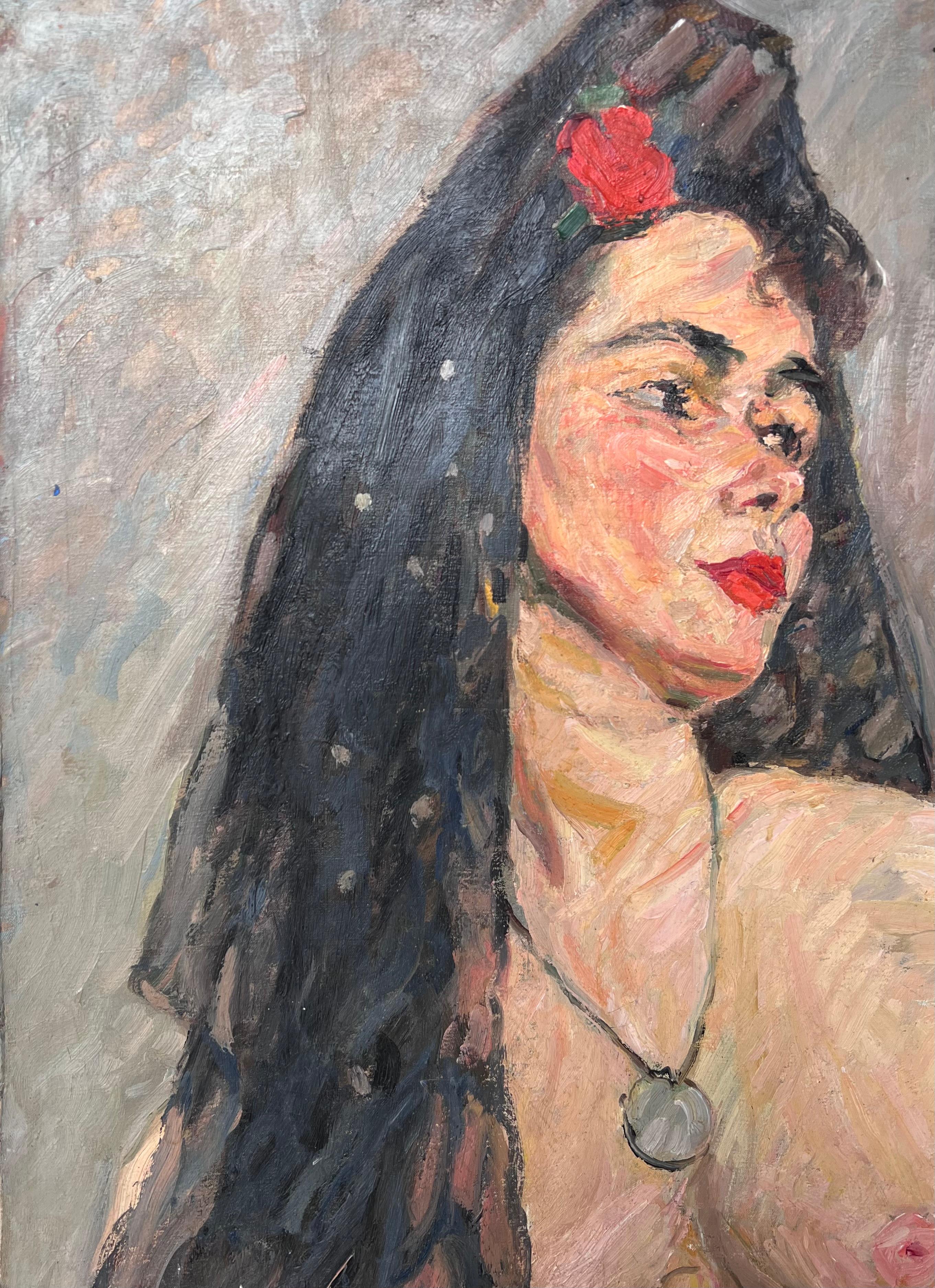 Nackt Porträt einer Dame in einem schwarzen Schleier Mid Century Französisch Malerei im Angebot 5