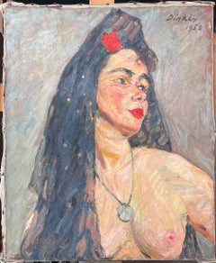 Nude Portrait Of A Lady In A Black Veil Mid Century French Painting
