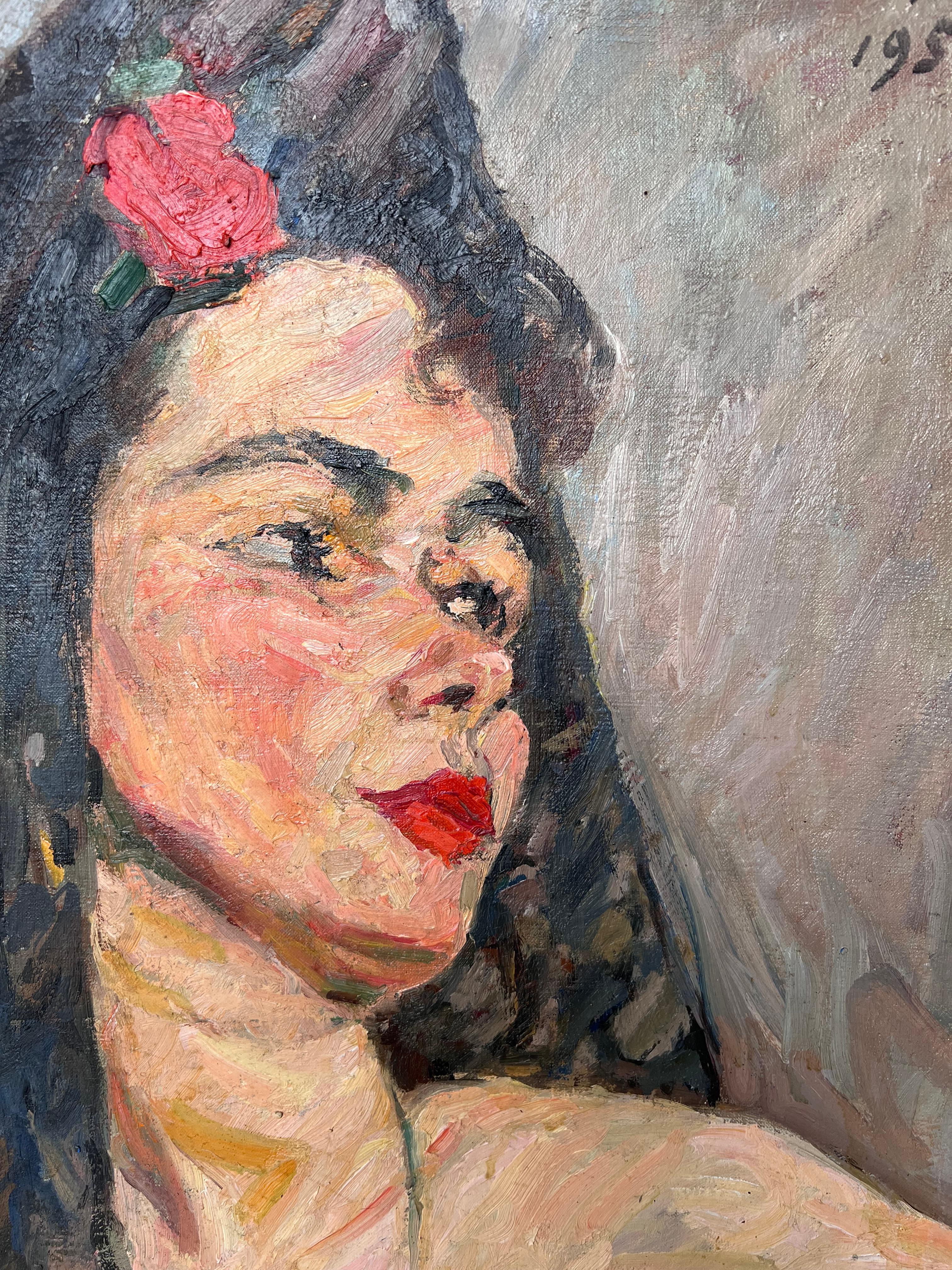 Nackt Porträt einer Dame in einem schwarzen Schleier Mid Century Französisch Malerei (Post-Impressionismus), Painting, von Suzanne Dinkes