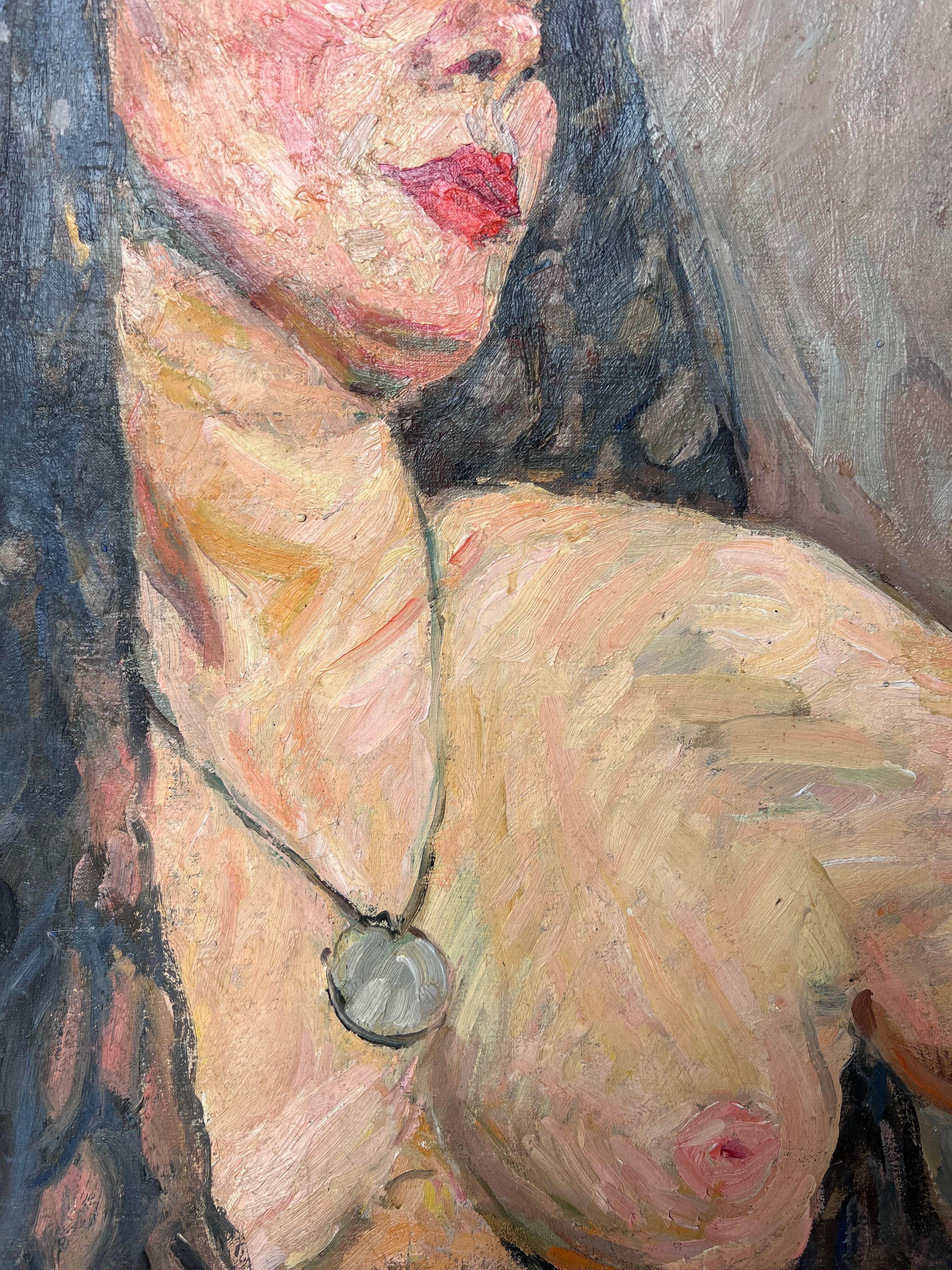 Nackt Porträt einer Dame in einem schwarzen Schleier Mid Century Französisch Malerei (Braun), Figurative Painting, von Suzanne Dinkes